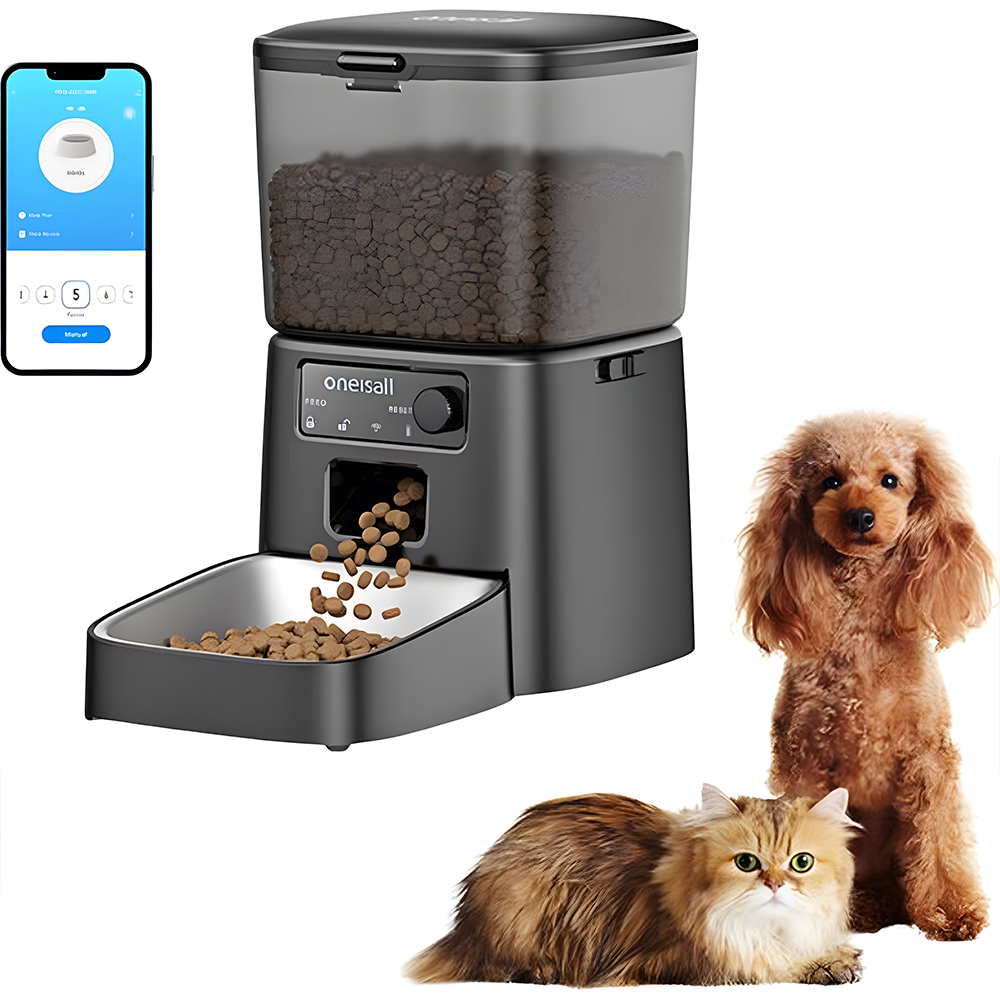 Automatyczny karmnik dla zwierząt z jedzeniem, kotem, psem i interfejsem aplikacji.