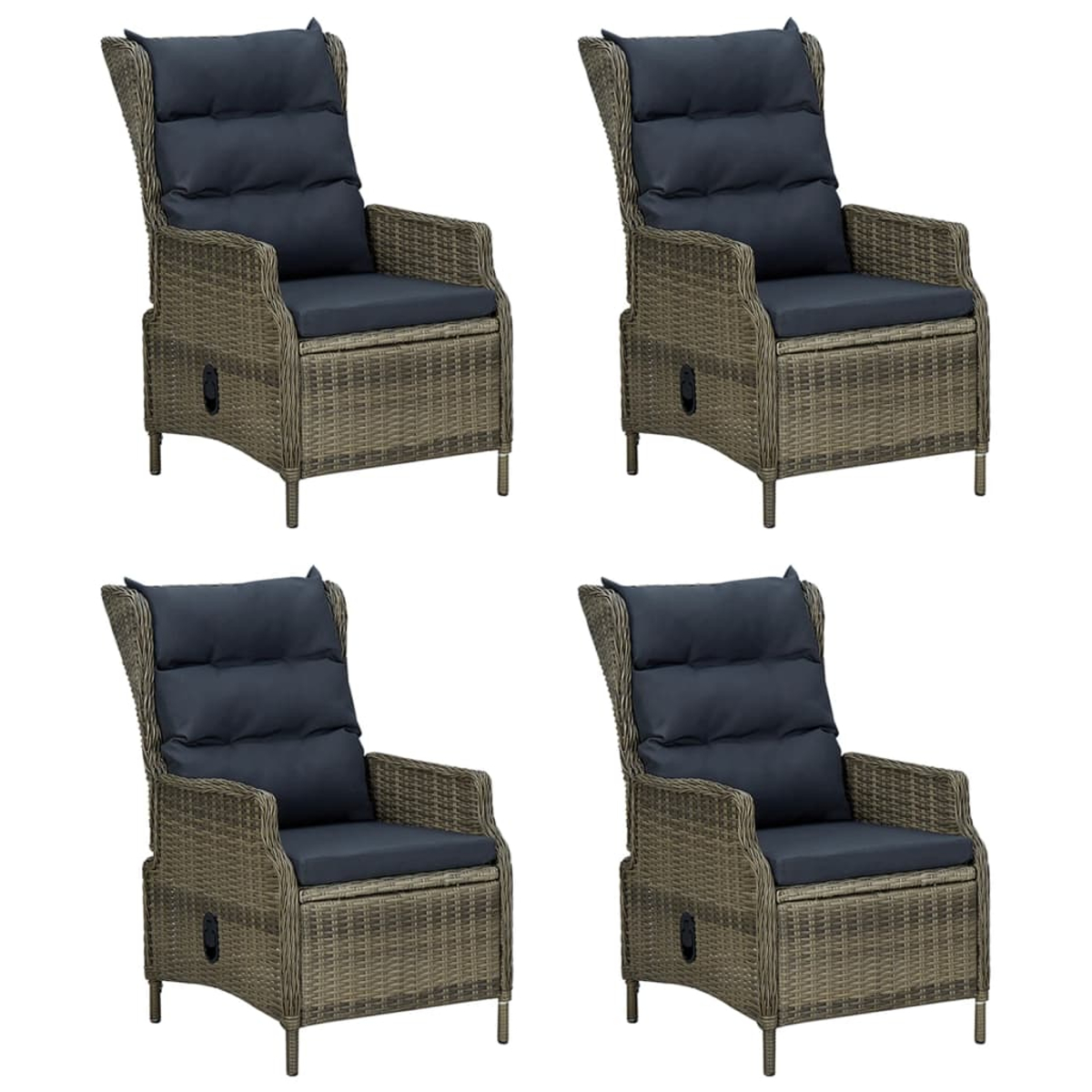 Vier Korbstühle mit schwarzen Kissen auf einem weißen Hintergrund, die das Design von Outdoor-Möbeln zeigen.