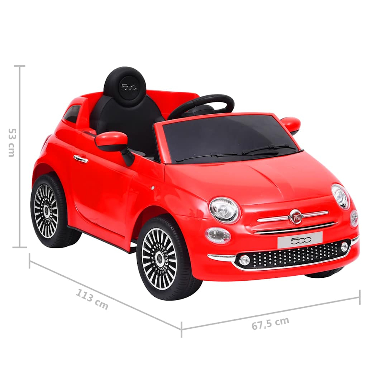 Ein rotes Spielzeugauto mit schwarzen Sitzen und Rädern wird mit Abmessungen vor einem weißen Hintergrund angezeigt.