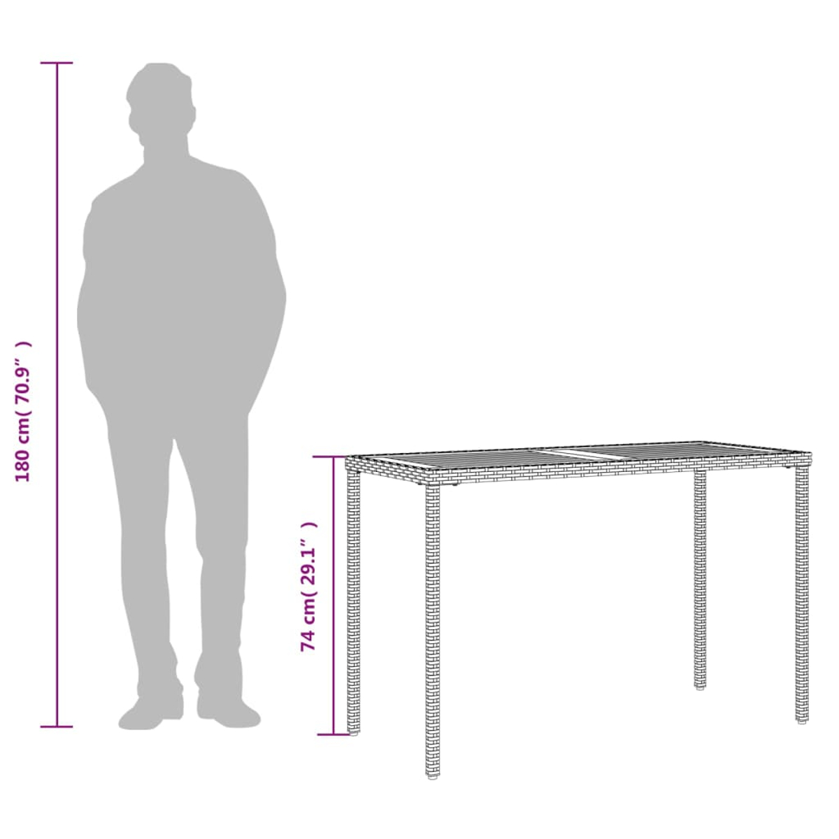 Eine Strichzeichnung zeigt die Abmessungen eines Tisches neben einer menschlichen Figur vor einem weißen Hintergrund.