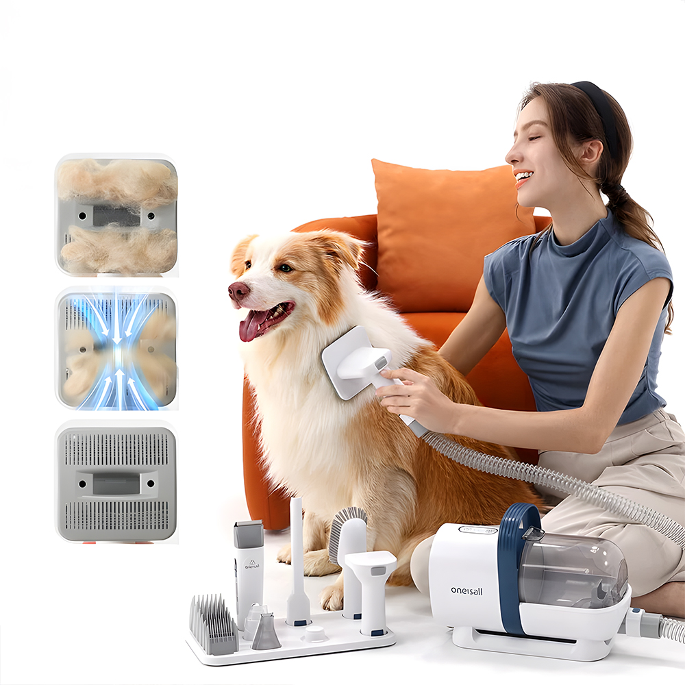 Woman grooming a dog with a pet grooming kit, showcasing different attachments and a vacuum feature.