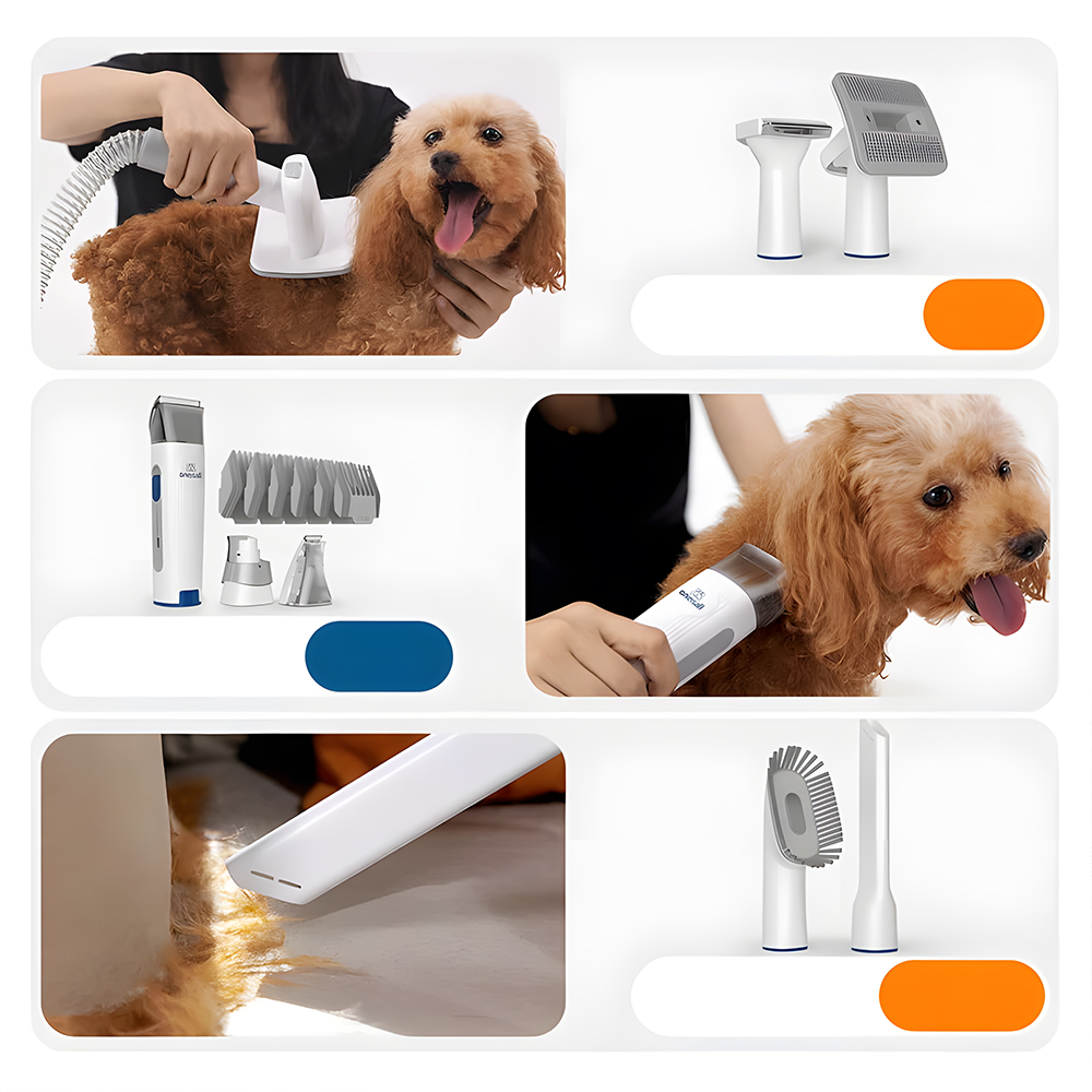 Collage showcasing a pet grooming kit being used on a dog, with close-ups of the tools and results.