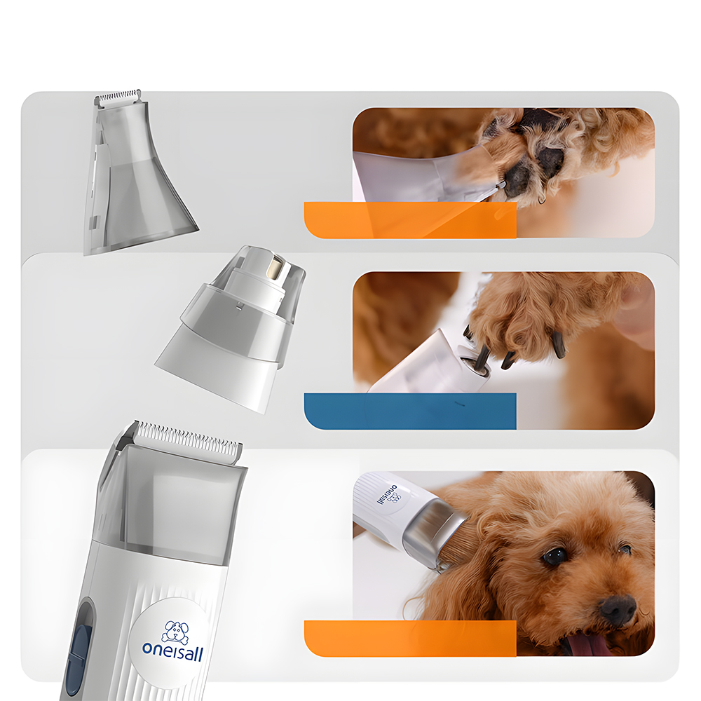 Close-up collage of a pet grooming kit's various trimmer attachments being used on a dog's paws and fur.