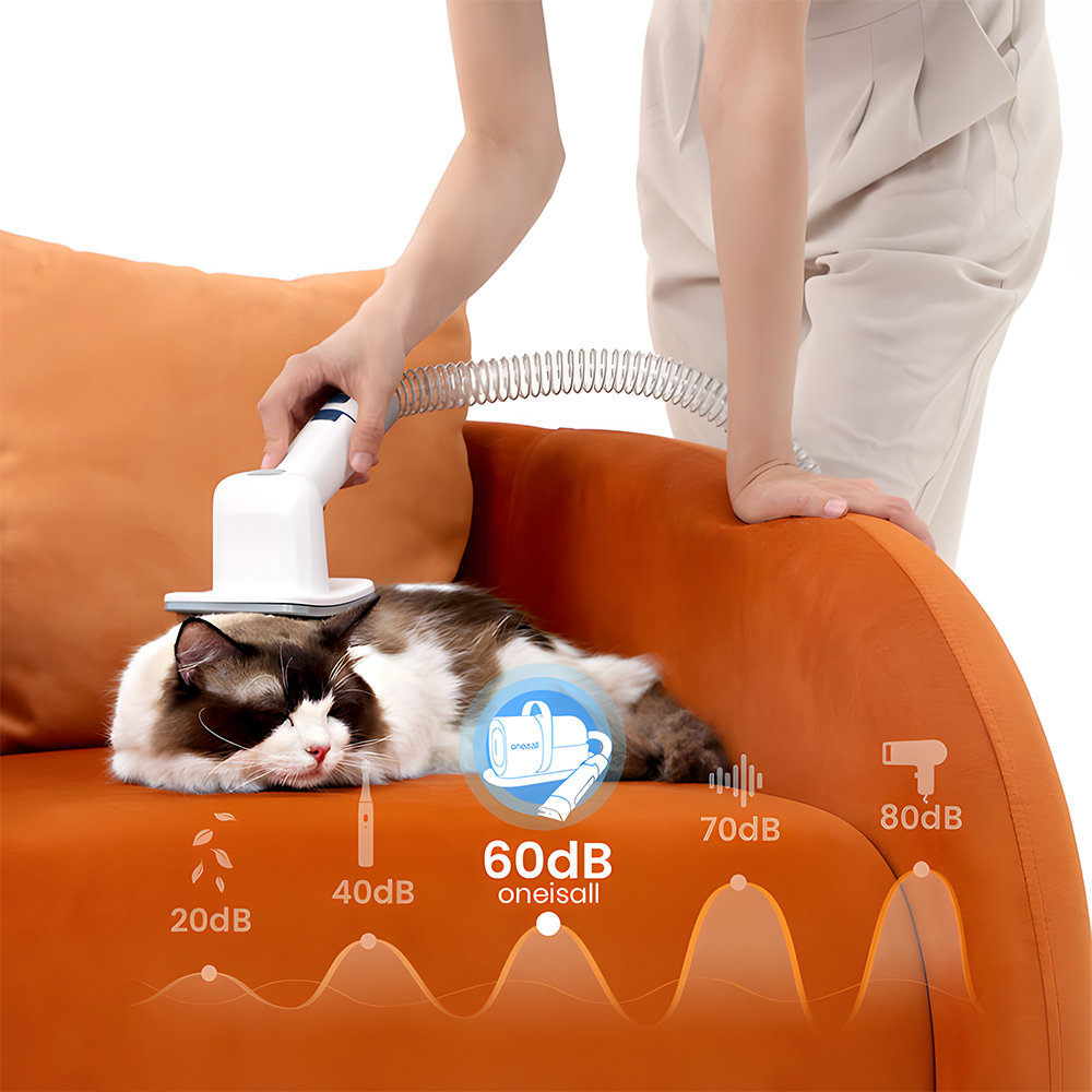 A person using a pet grooming tool on a cat on an orange sofa, with noise level indicators.