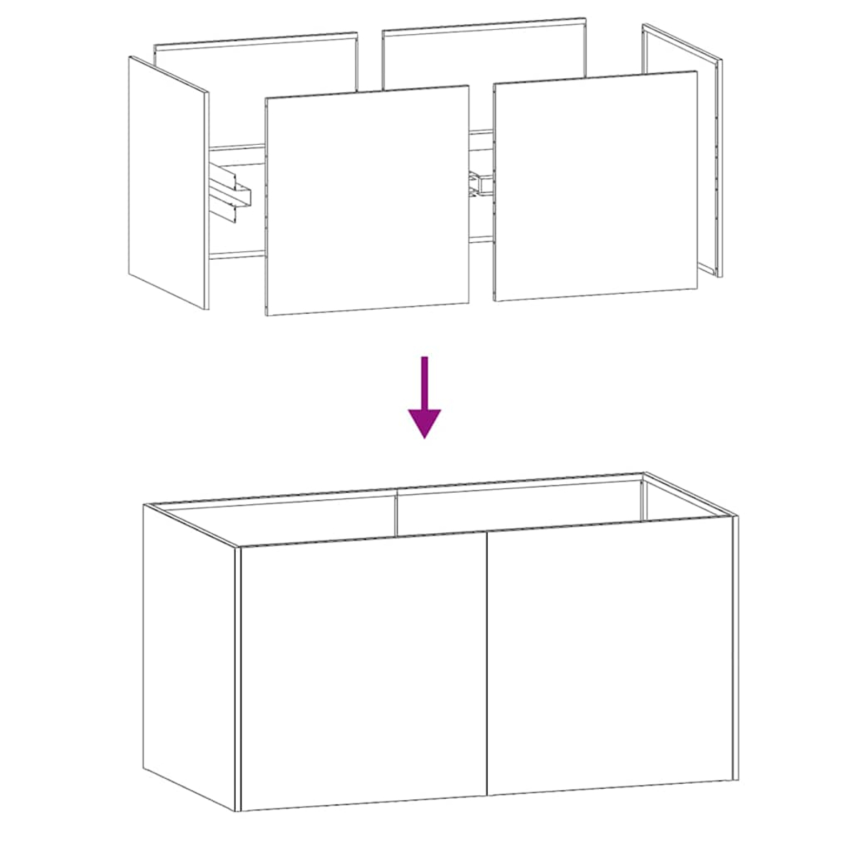 Diagramma che mostra l'assemblaggio di una fioriera rettangolare bianca per esterni con due pannelli.