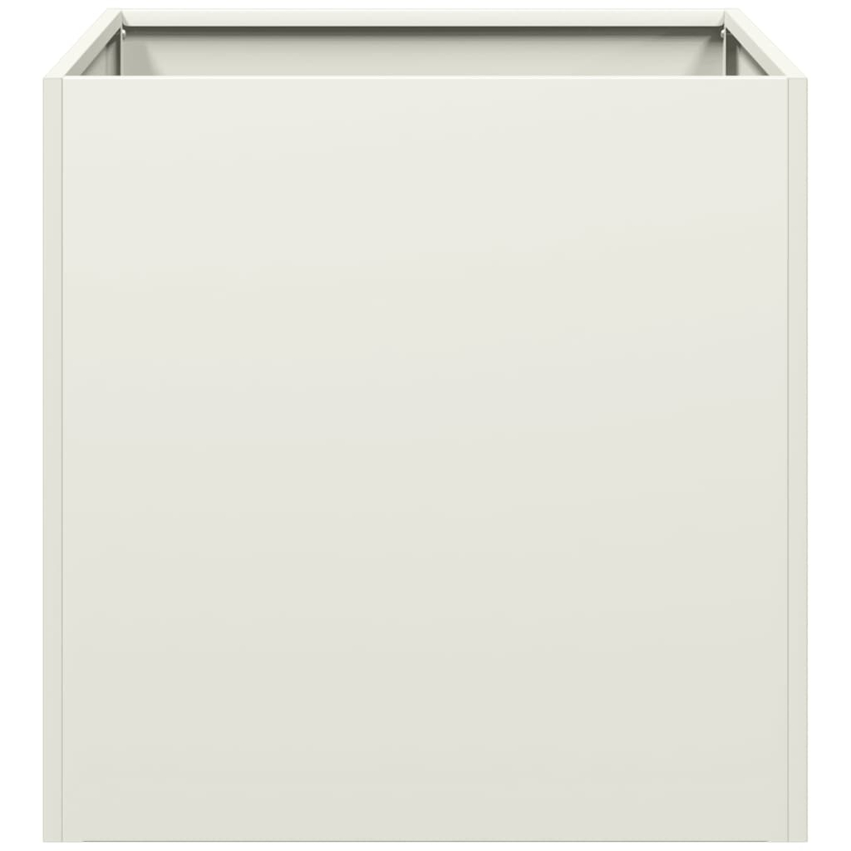 Una vista frontale di una fioriera quadrata bianca. La scatola ha un design semplice e pulito.