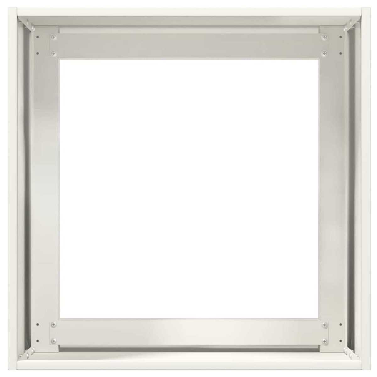 Una cornice quadrata bianca. L'interno della cornice è un vuoto bianco. La cornice è in metallo bianco.