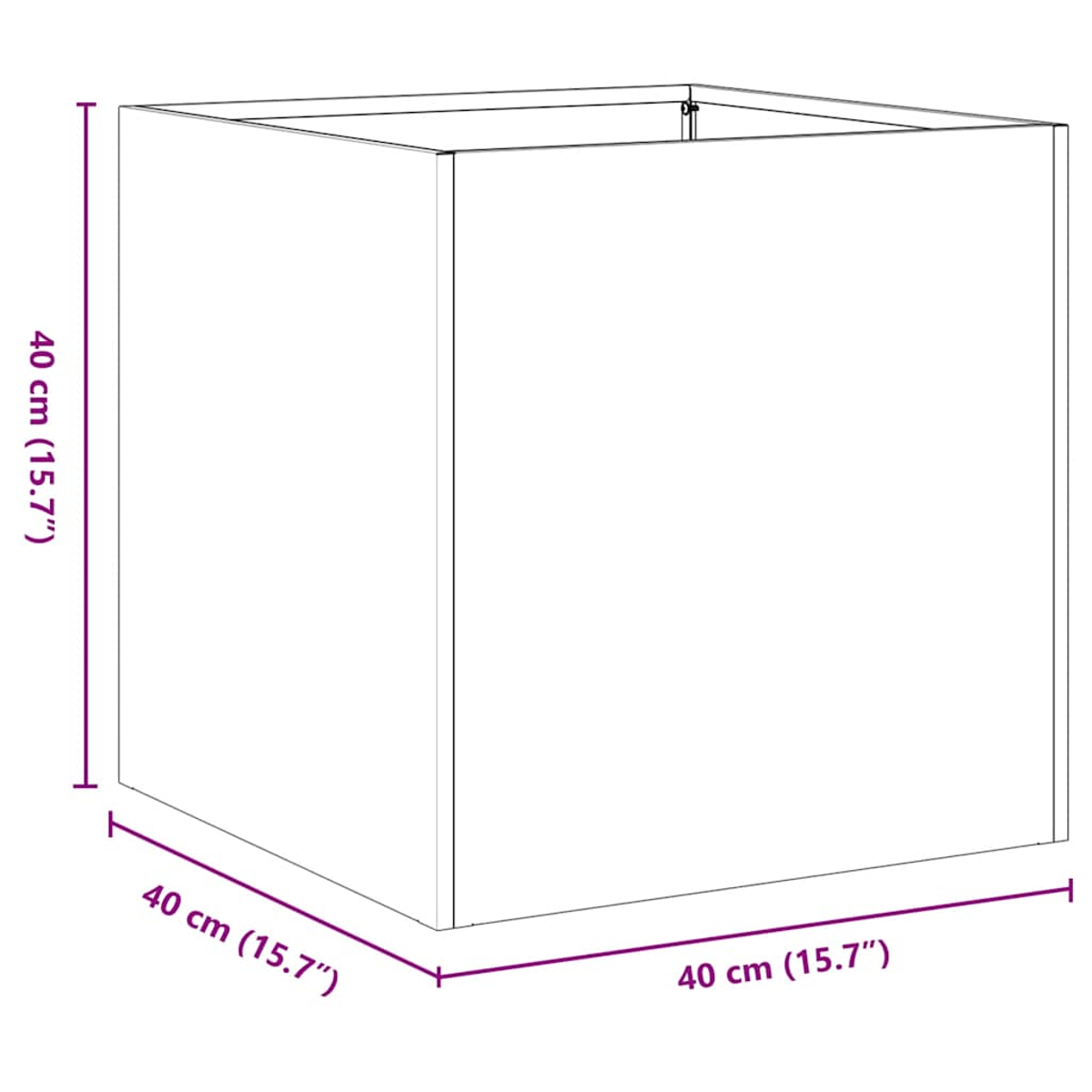 Un cubo bianco con dimensioni: 40 cm (15,7") per lato. Il cubo è vuoto.