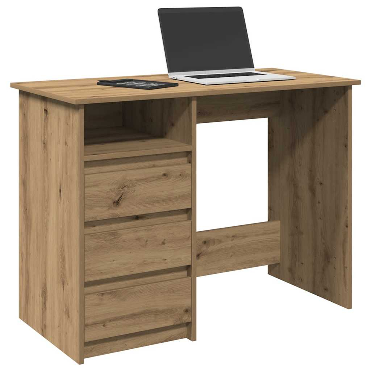 Ein Holzschreibtisch mit Laptop und Tablet. Drei Schubladen und ein Regal sind sichtbar.