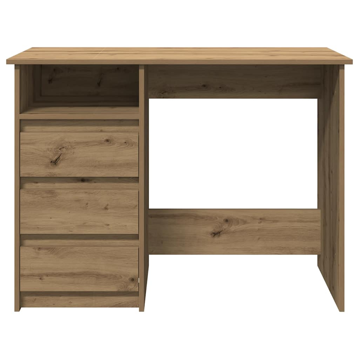 Ein Holzschreibtisch mit drei Schubladen und einem Regal. Der Schreibtisch ist leer.