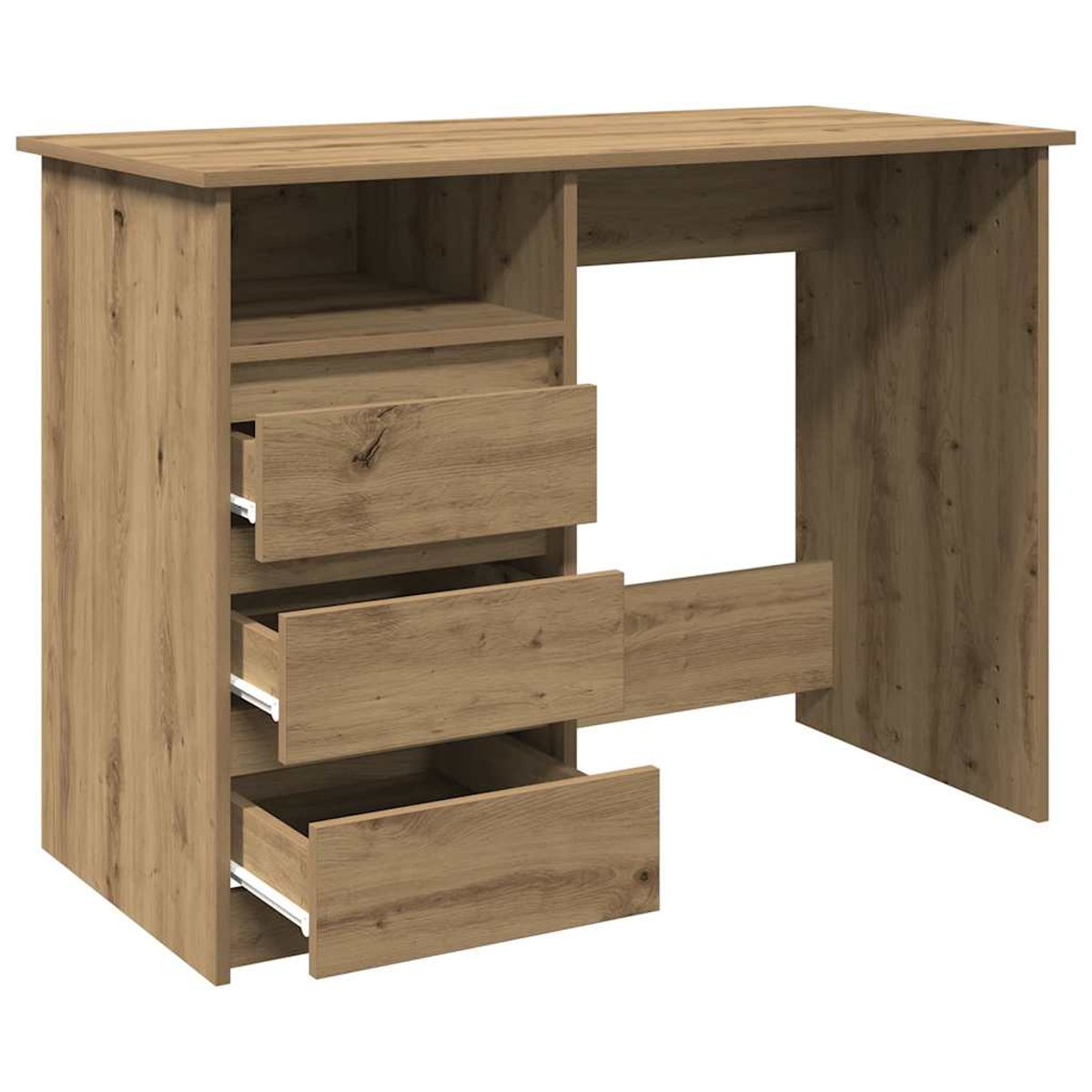 Ein Holzschreibtisch mit drei geöffneten Schubladen. Der Schreibtisch scheint leer zu sein.