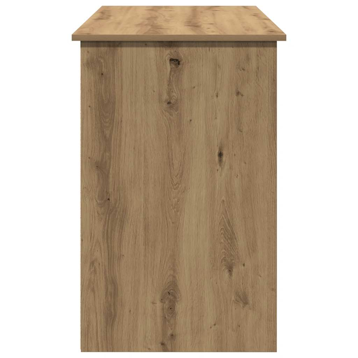 Nahaufnahme der Seite eines Holzschreibtisches, die Holzmaserung und -struktur zeigt.