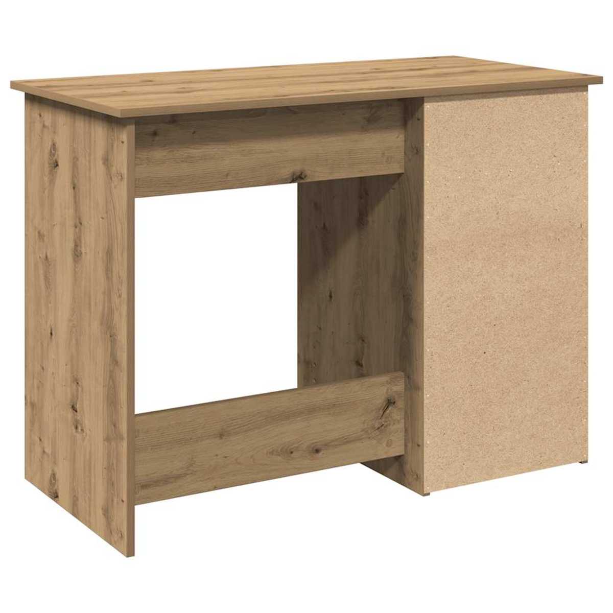 Ein Holzschreibtisch mit sichtbarer Rückwand. Der Schreibtisch hat eine Schublade und einen offenen Bereich.
