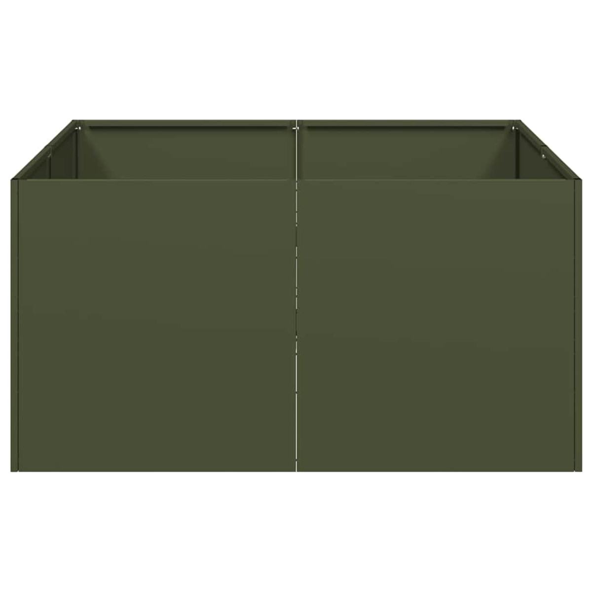 Eine olivgrüne Pflanzkasten. Die Box ist rechteckig und leer.