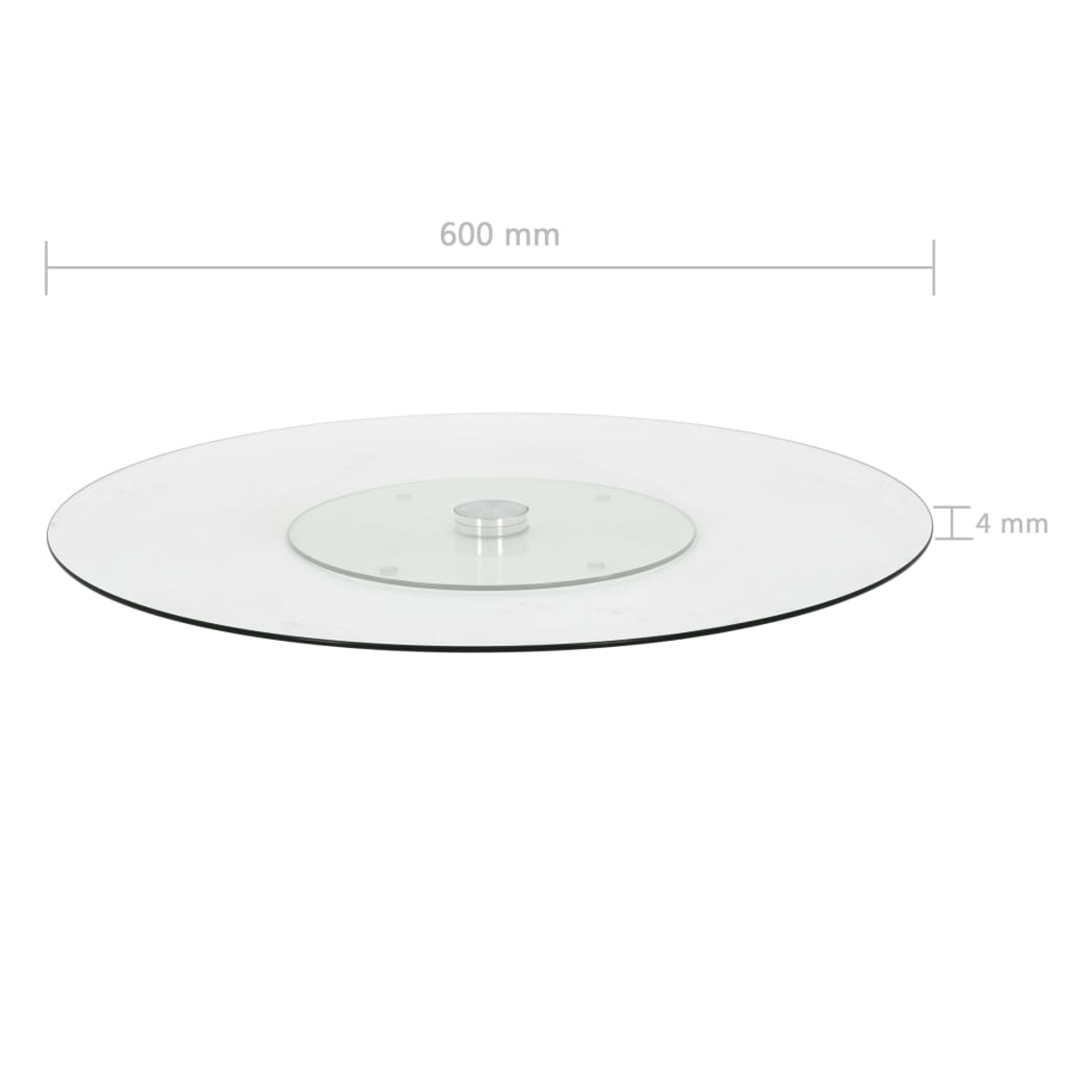 Ein klarer Glastisch mit Abmessungen von 600 mm Breite und 4 mm Dicke.