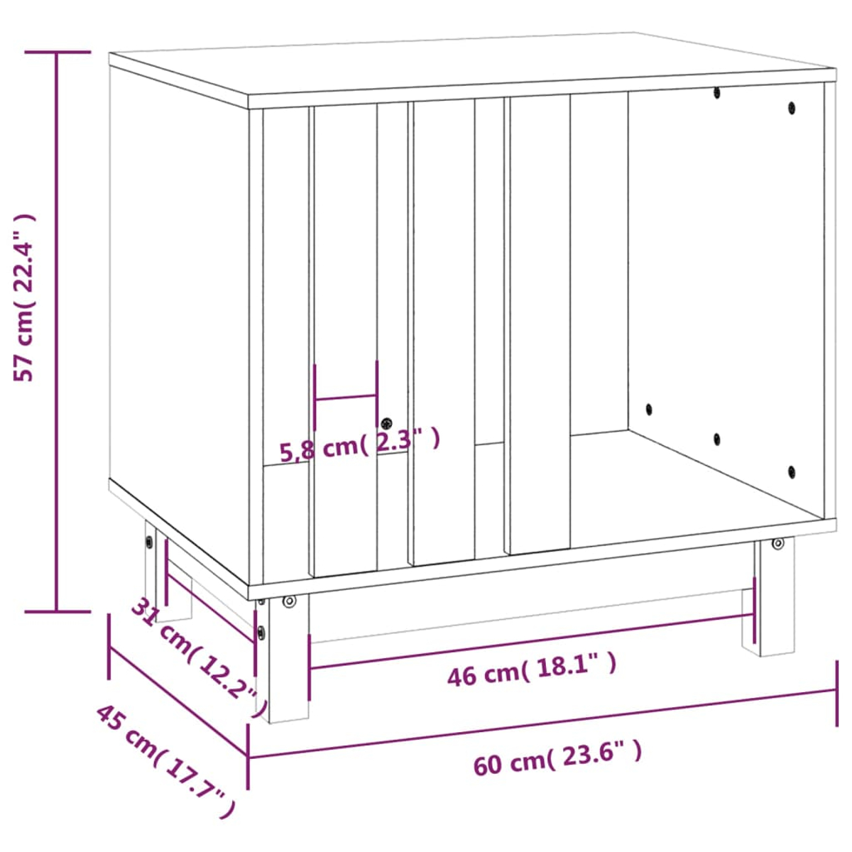 Ein Diagramm zeigt die Abmessungen eines weißen Holzschranks mit Regalen und Beinen.