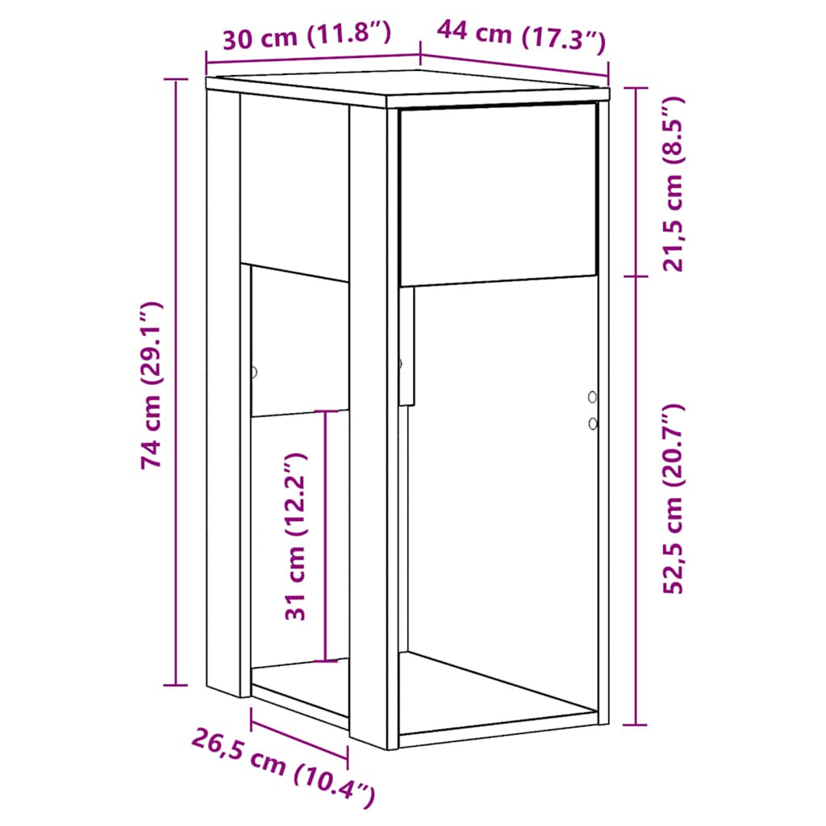 Maßdiagramm eines schmalen Regalmoduls, das Maße in Zentimetern und Zoll auf weißem Hintergrund zeigt.