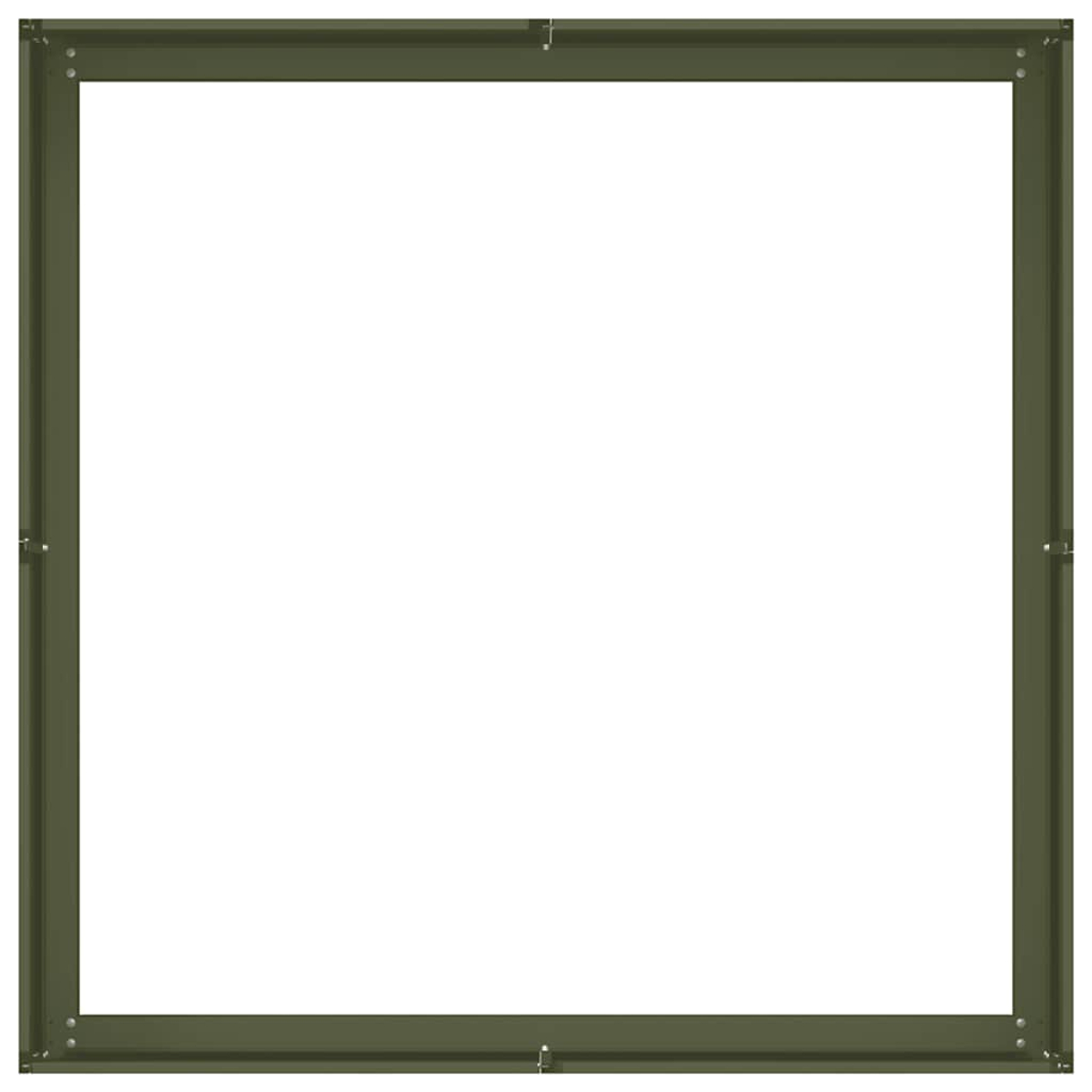 Cornice quadrata verde oliva su sfondo bianco, con dettagli delle viti agli angoli.