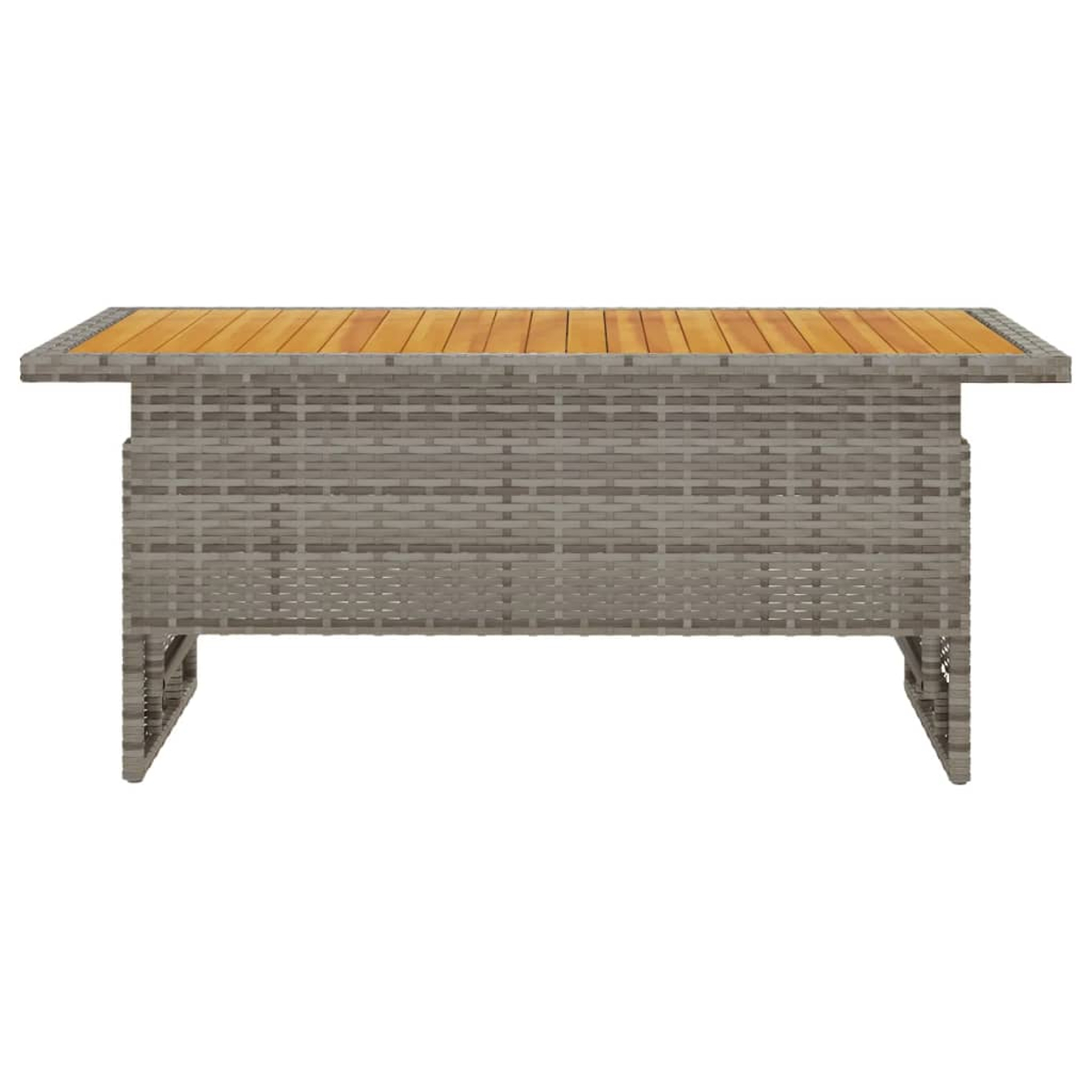 Ein rechteckiger grauer Tisch mit Holzplatte. Der Sockel hat ein Webdesign.