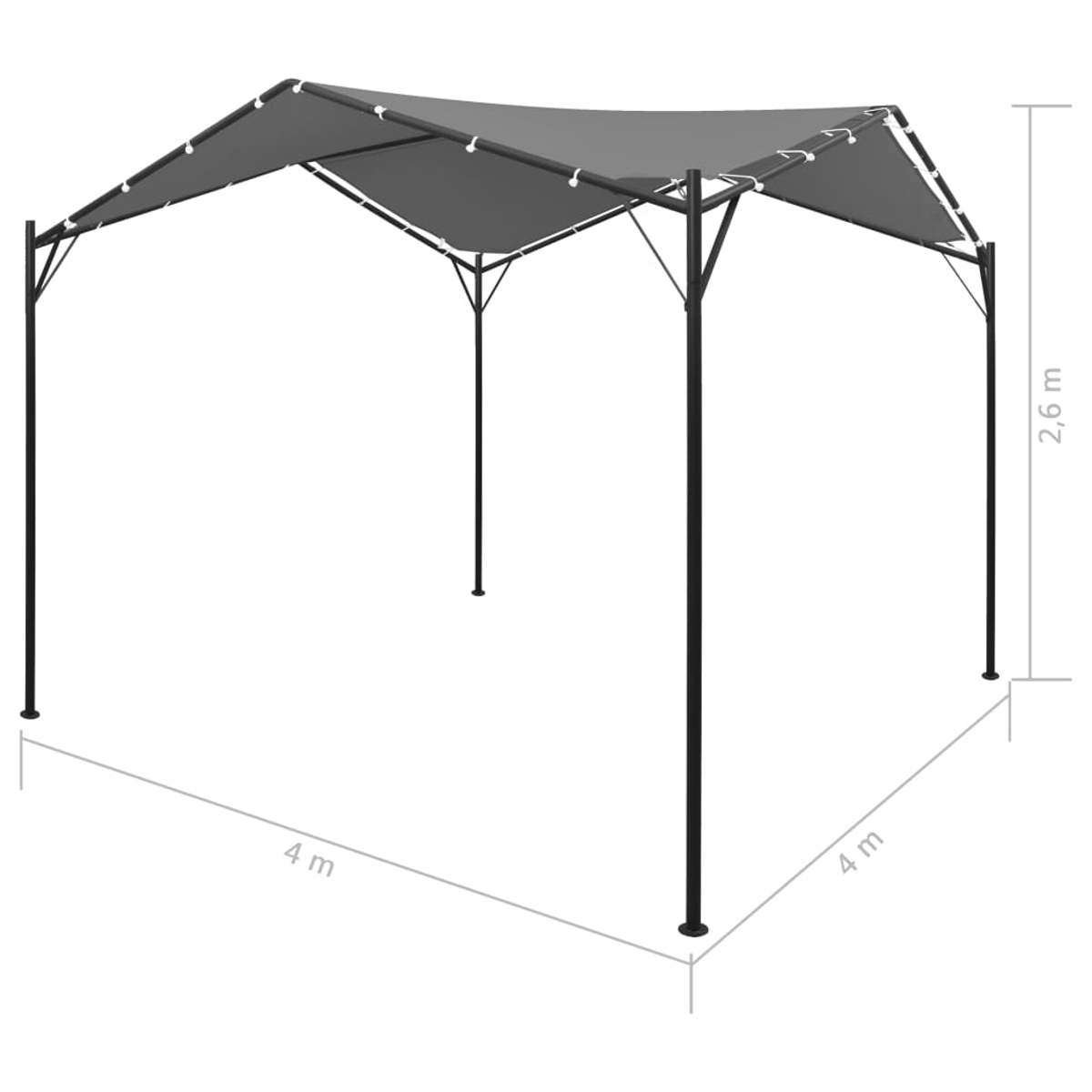 Ein schwarzer Pavillon mit grauem Baldachin, der die Abmessungen zeigt.