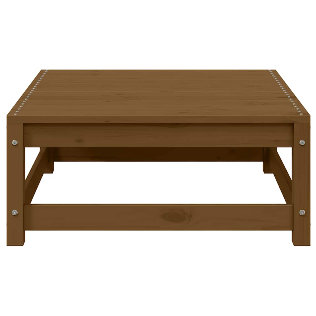 Ein brauner, quadratischer Couchtisch aus Holz mit Metallbolzen, von vorne betrachtet.