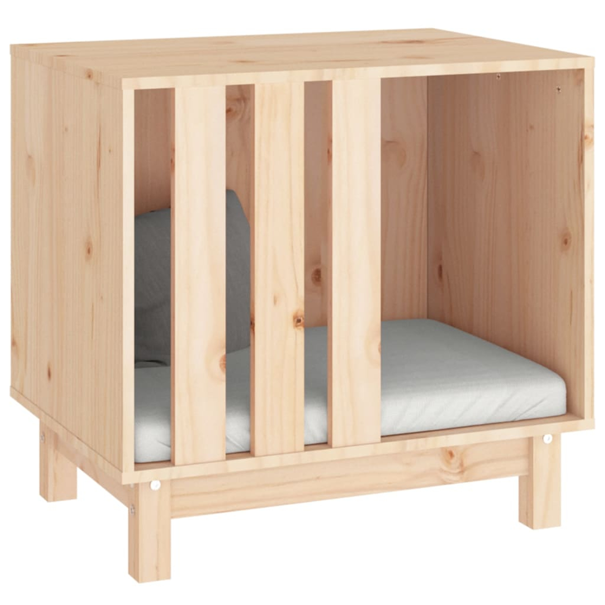 Das helle Tierhaus hat ein graues Kissen und Kissen im Inneren.
