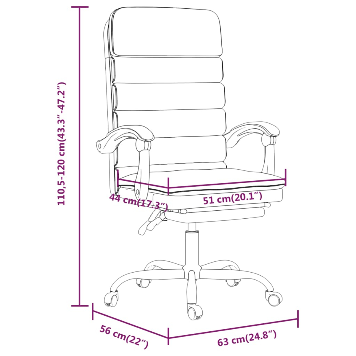 Ein Diagramm des Stuhls zeigt seine Abmessungen.