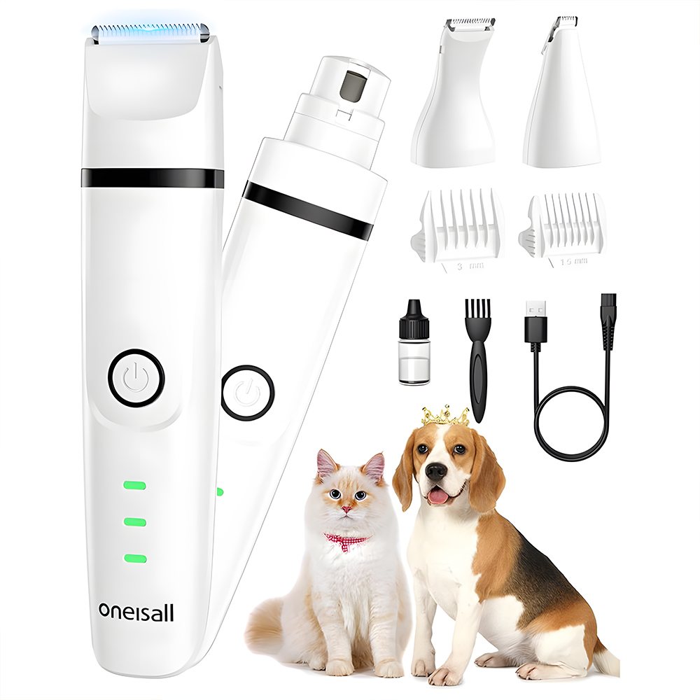 Biały zestaw do pielęgnacji zwierząt z maszynką do strzyżenia, szlifierką, akcesoriami, kotem z czerwoną kokardą i psem w koronie.