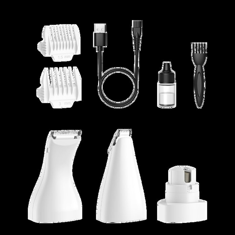 Białe akcesoria do zestawu do pielęgnacji zwierząt, w tym głowice tnące, kabel USB, szczoteczka do czyszczenia i butelka oleju.