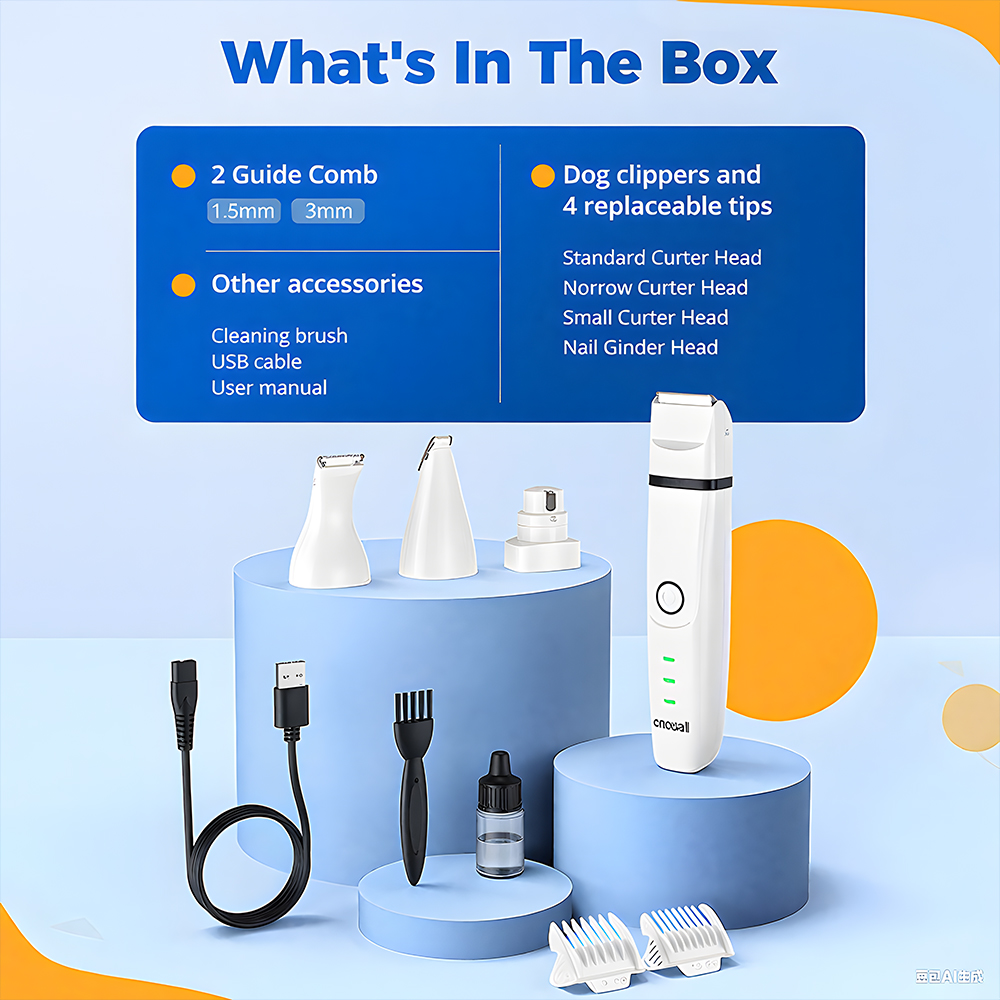 Obraz informacyjny przedstawiający zawartość zestawu do pielęgnacji zwierząt, w tym głowice tnące i akcesoria.