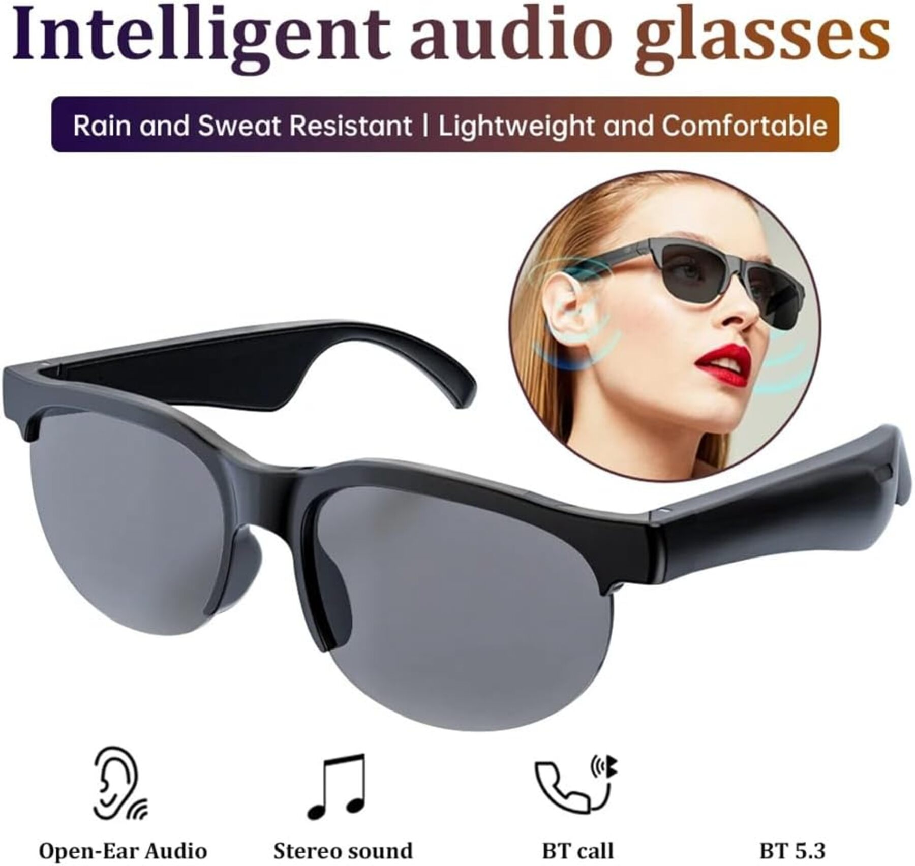 Gafas de sol de audio negras con lentes grises y una mujer usándolas de fondo.