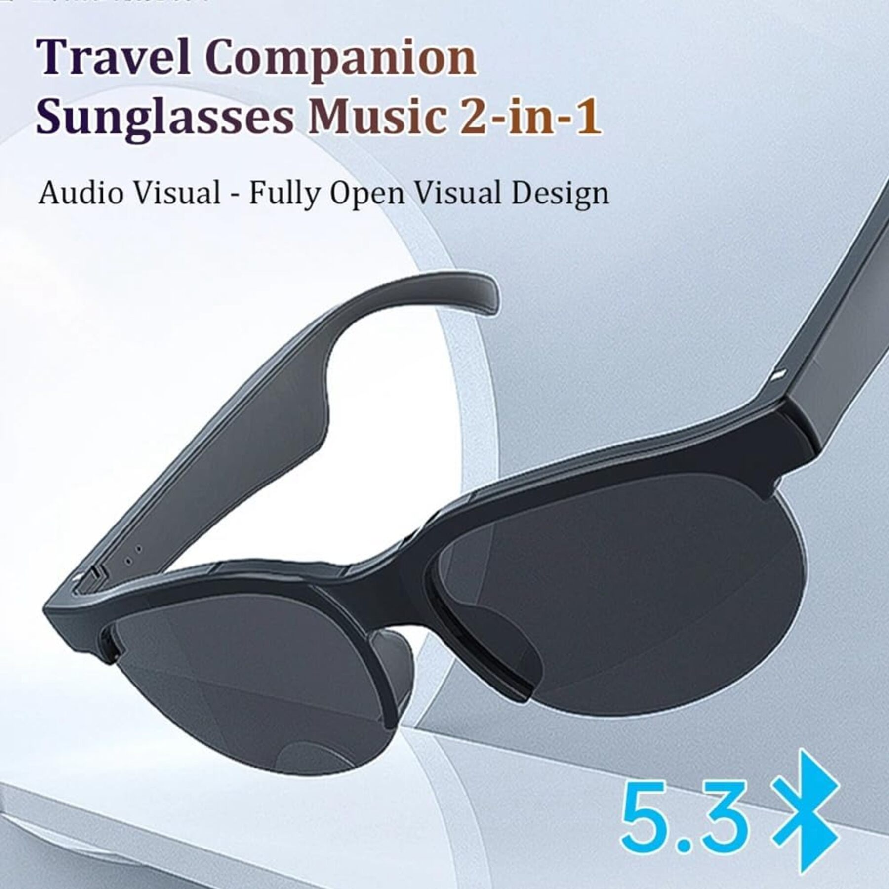 Gafas de sol de audio negras con lentes grises. La imagen muestra tecnología de compañero de viaje.