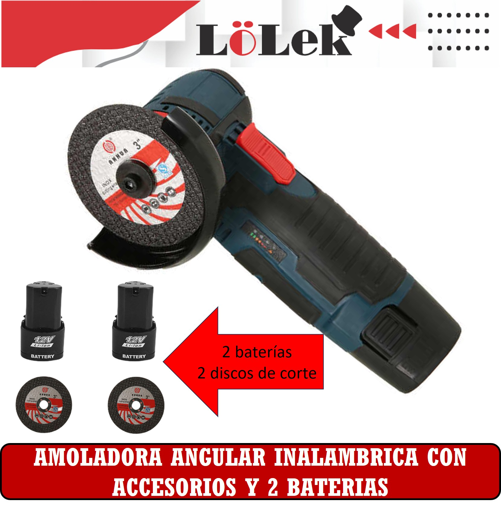 Amoladora angular inalámbrica con baterías y discos de corte, destacando los accesorios y la fuente de alimentación.