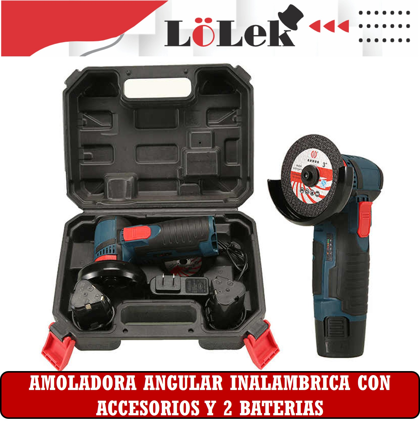 Kit de amoladora angular inalámbrica en un estuche negro, que muestra la herramienta y sus accesorios.