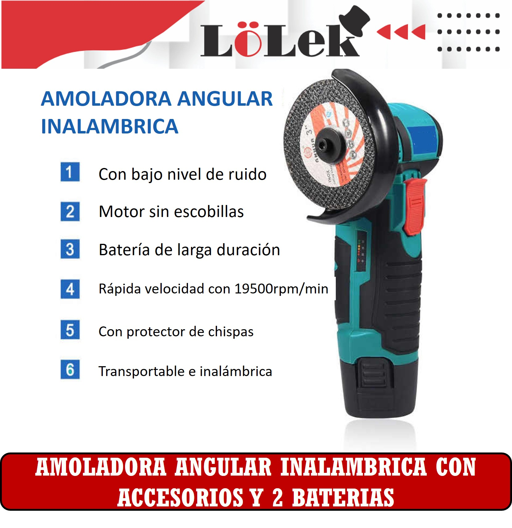 Amoladora angular inalámbrica con características enumeradas: bajo nivel de ruido, motor sin escobillas, batería de larga duración y protector de chispas.