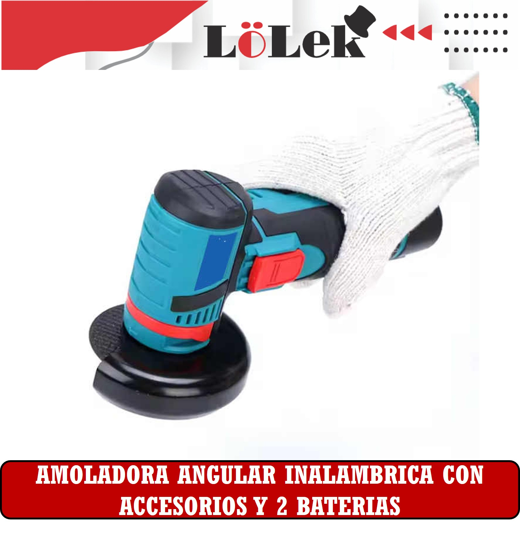 Amoladora angular inalámbrica sostenida por una mano enguantada, destacando el diseño ergonómico y las características de seguridad de la herramienta.