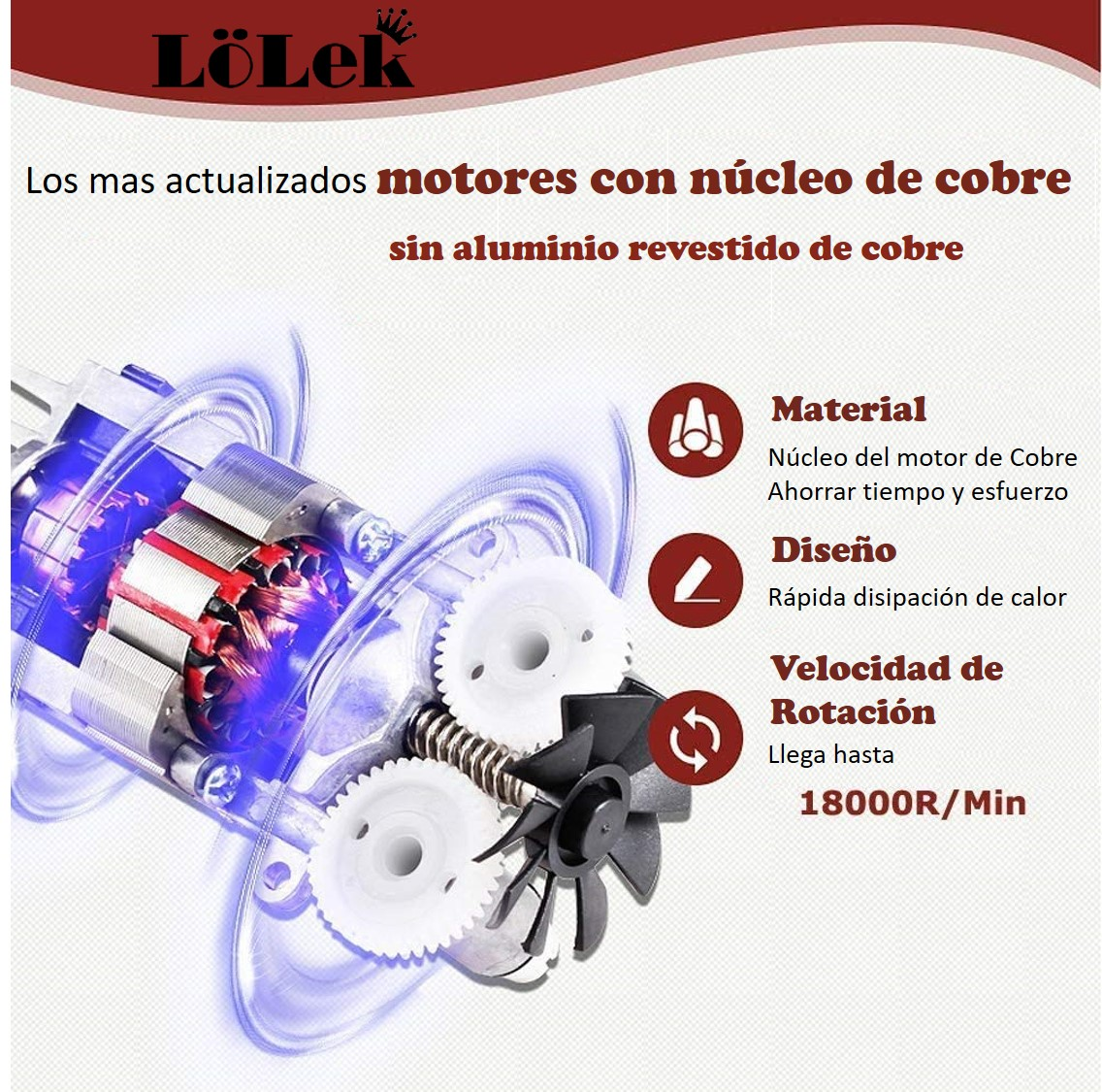 Primer plano de un motor de cobre con engranajes, ventilador y efectos de luz azul que muestran partes internas.