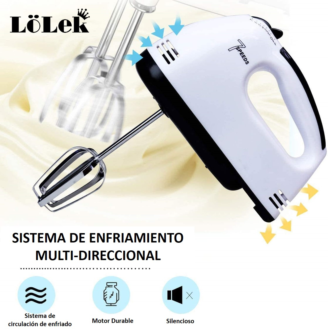 Batidora de mano blanca y negra con batidores, flechas que indican un sistema de enfriamiento multidireccional.