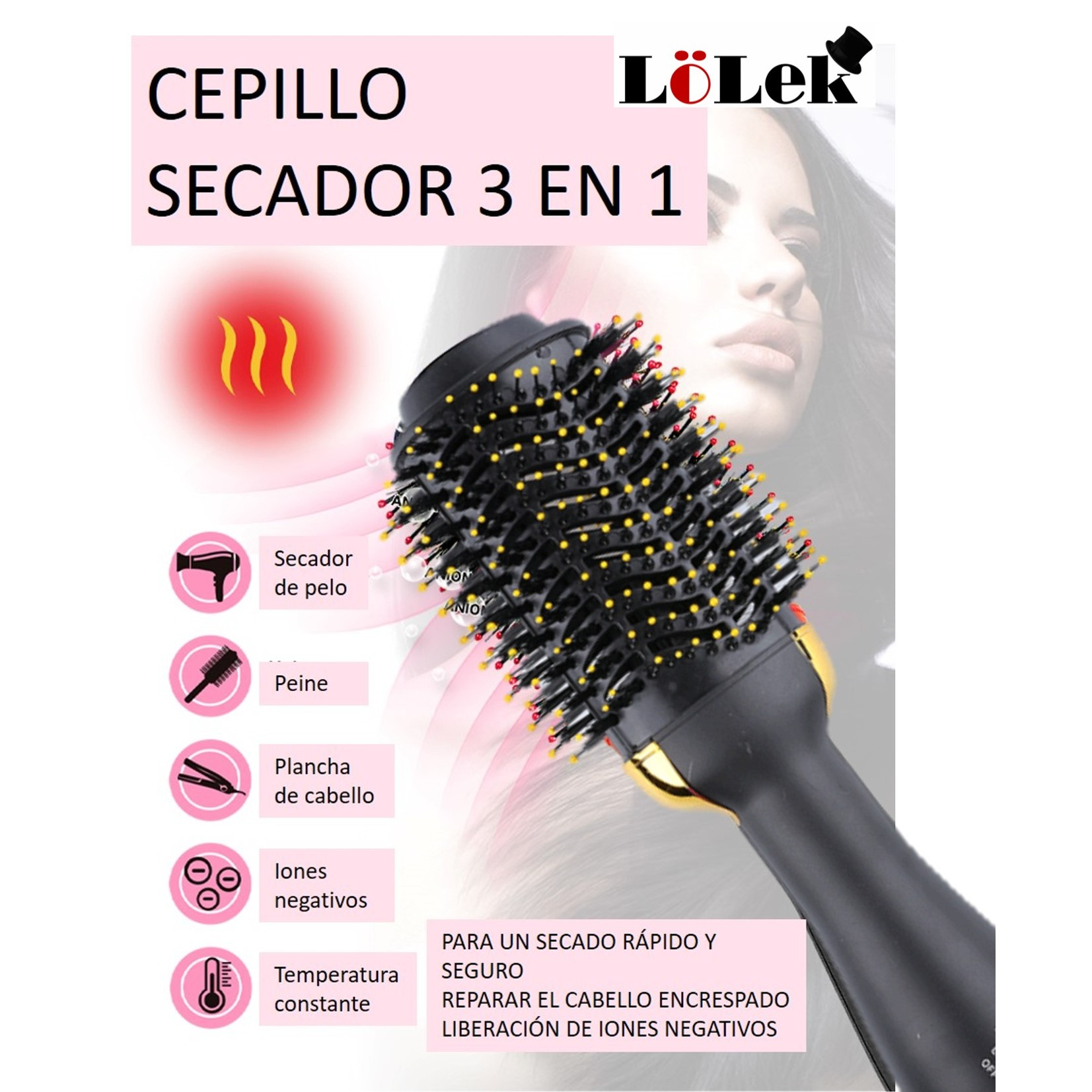 Un cepillo de aire caliente negro y dorado con etiquetas y anotaciones sobre un fondo blanco.