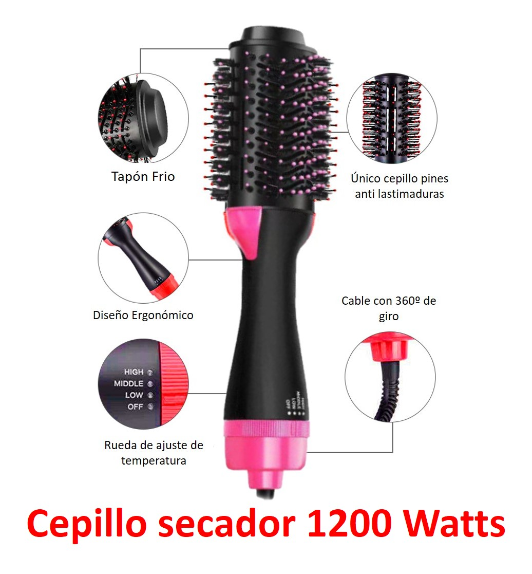 Un cepillo de aire caliente negro y rosa con etiquetas y anotaciones sobre un fondo blanco.