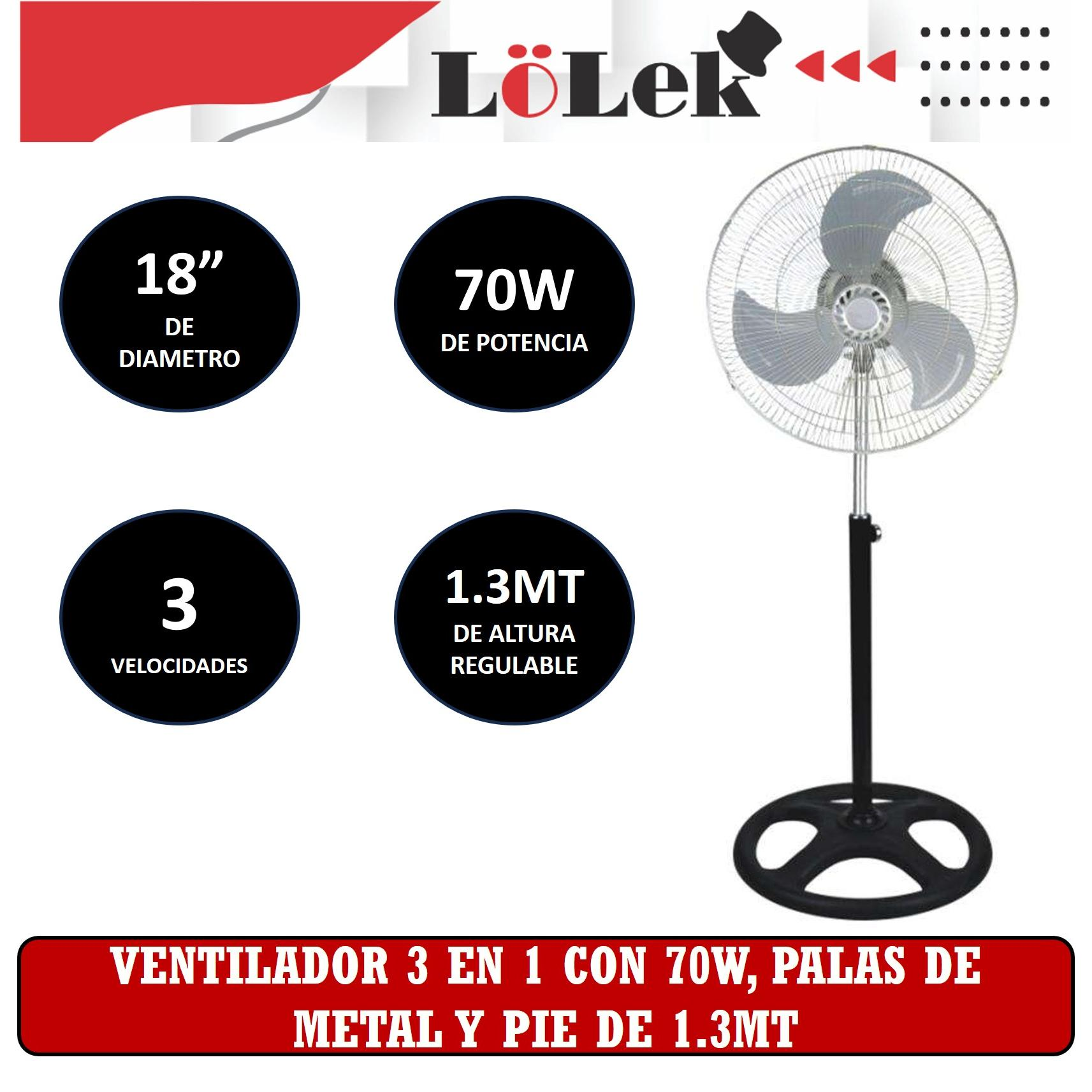 Un ventilador de pie plateado con base negra y anotaciones de texto sobre un fondo blanco.