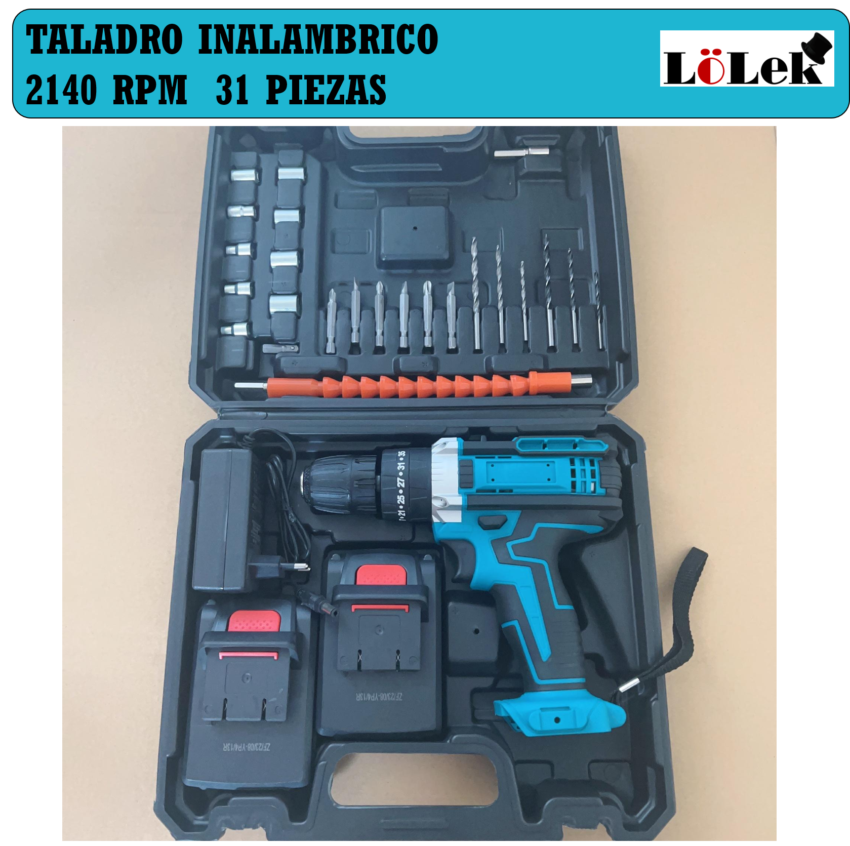 Un juego de taladro turquesa y negro está abierto en su estuche, mostrando el taladro, las baterías, el cargador y las brocas.