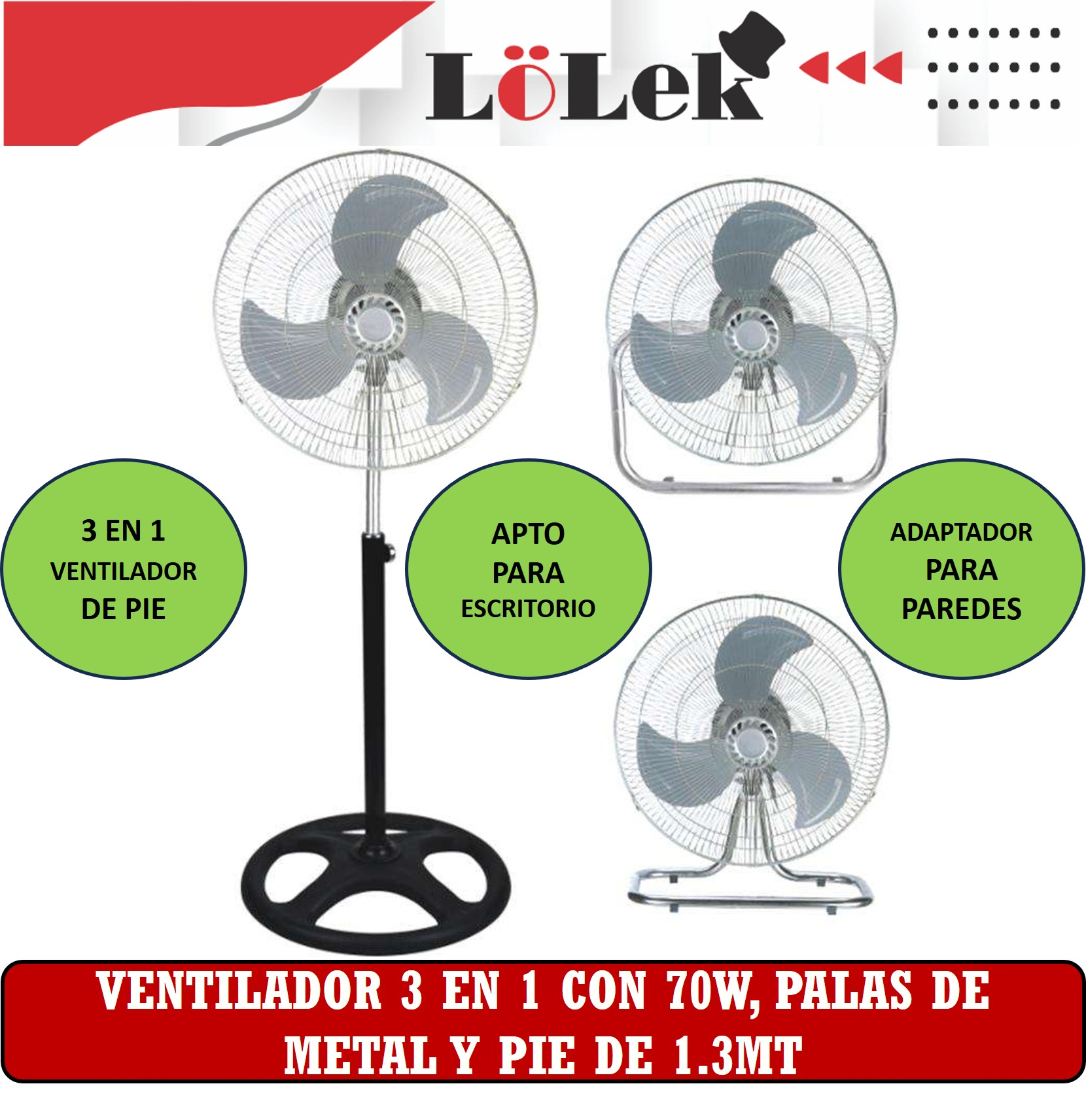 La imagen muestra tres ventiladores plateados con bases negras, adecuados para montaje en piso, escritorio o pared.