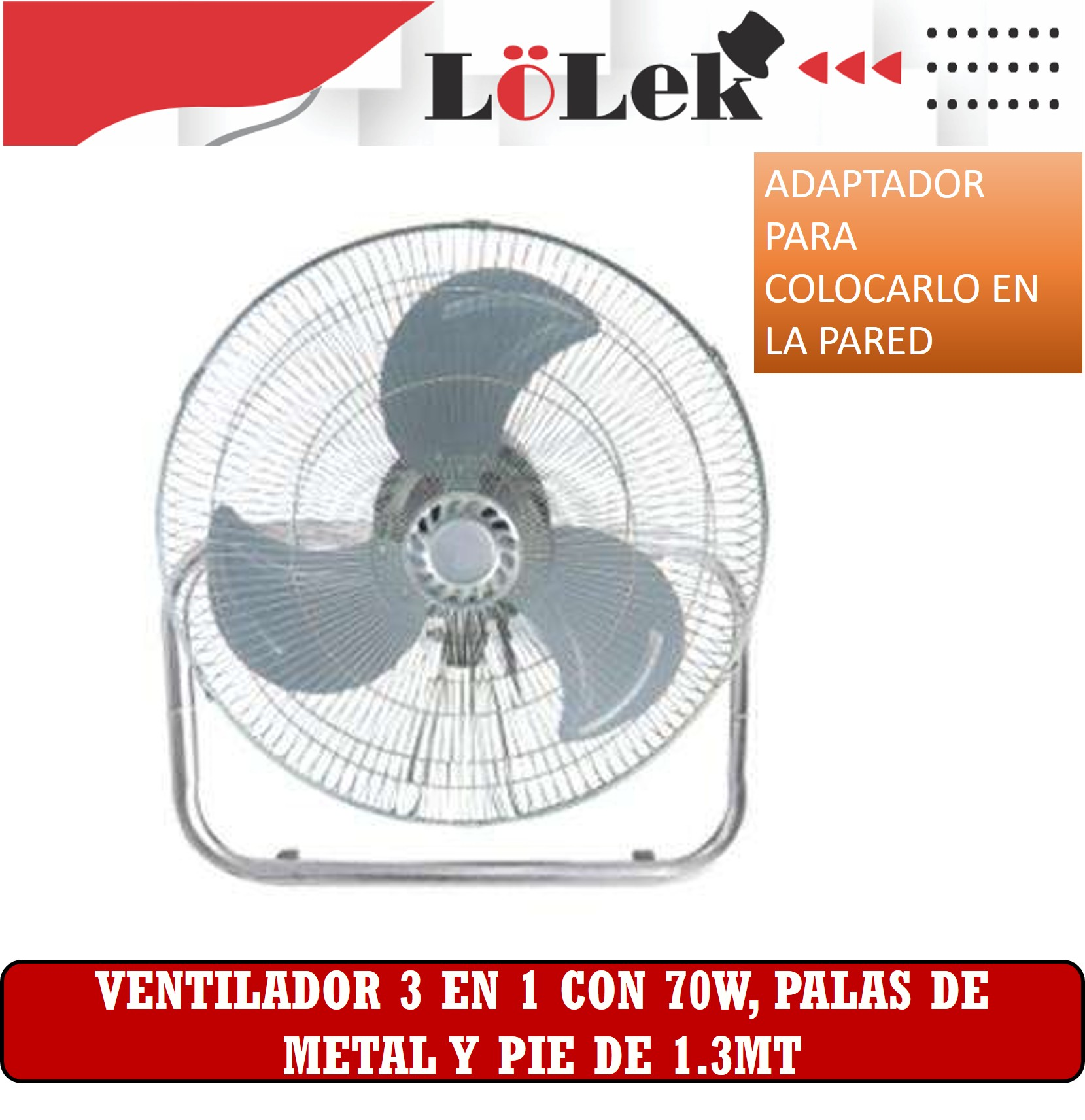 La imagen muestra un ventilador de metal plateado con tres aspas, diseñado para montaje en pared, sobre un fondo blanco.