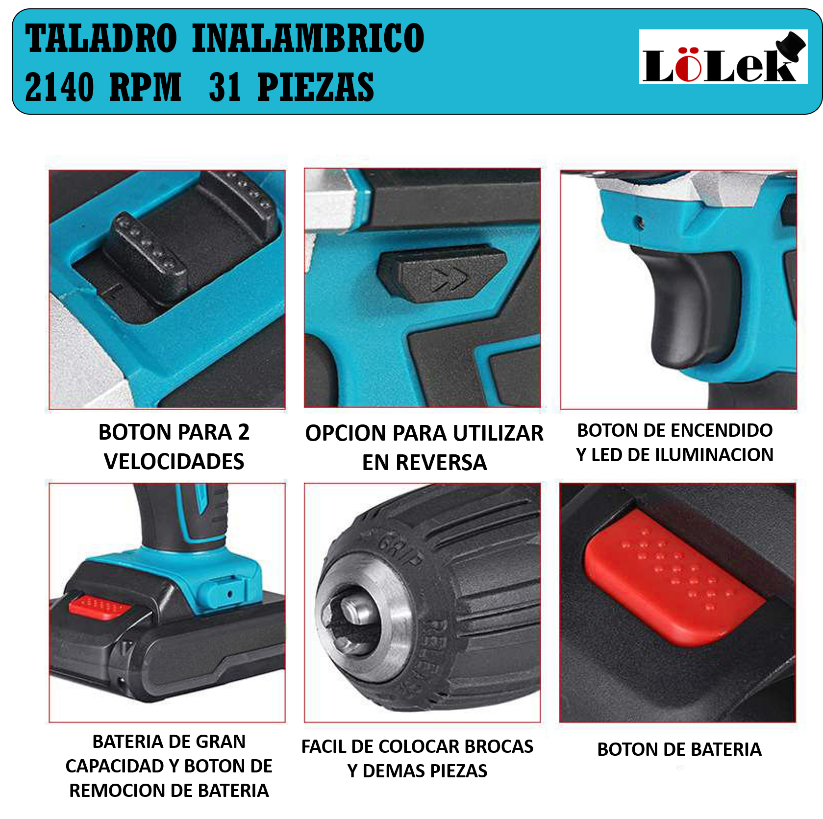 La imagen muestra primeros planos de las características de un taladro inalámbrico turquesa y negro, incluyendo la batería y los ajustes de velocidad.