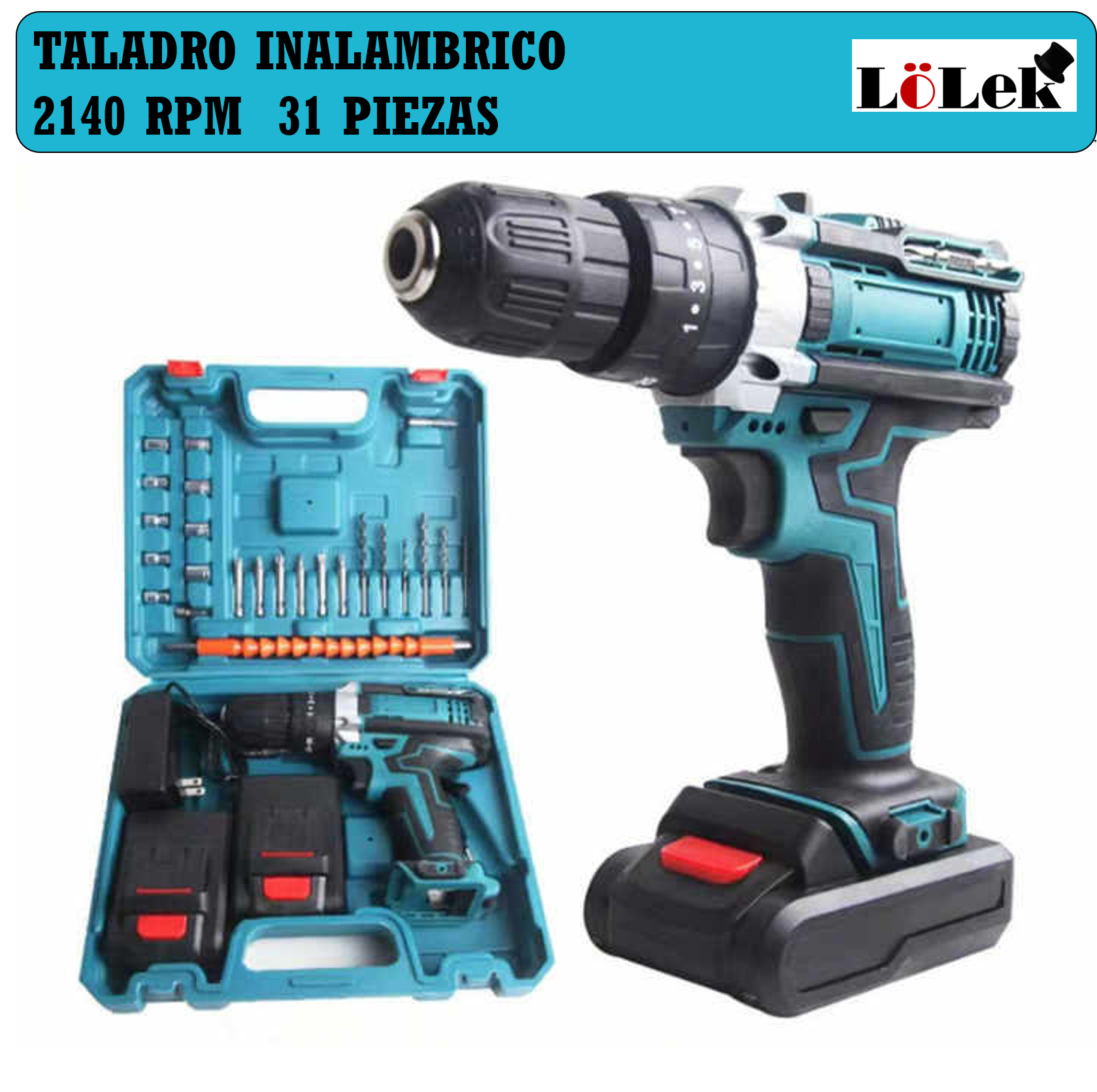 Se muestra un taladro inalámbrico turquesa y negro y su estuche, mostrando las características del taladro y los accesorios incluidos.