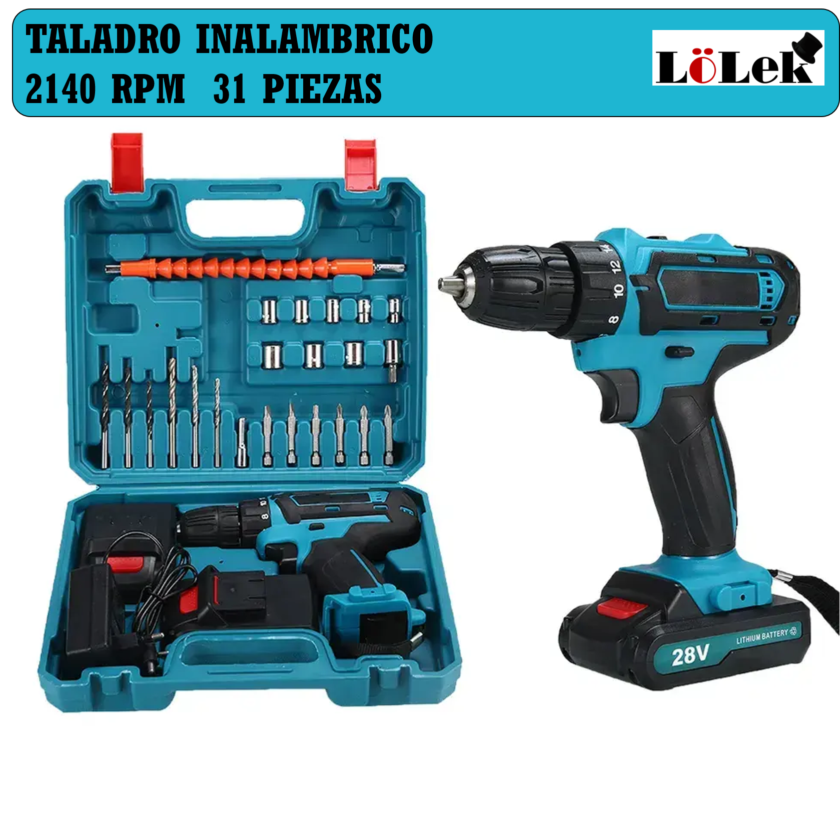 Se muestra un taladro inalámbrico turquesa y negro y su estuche, mostrando el taladro, las brocas y la configuración de la batería.