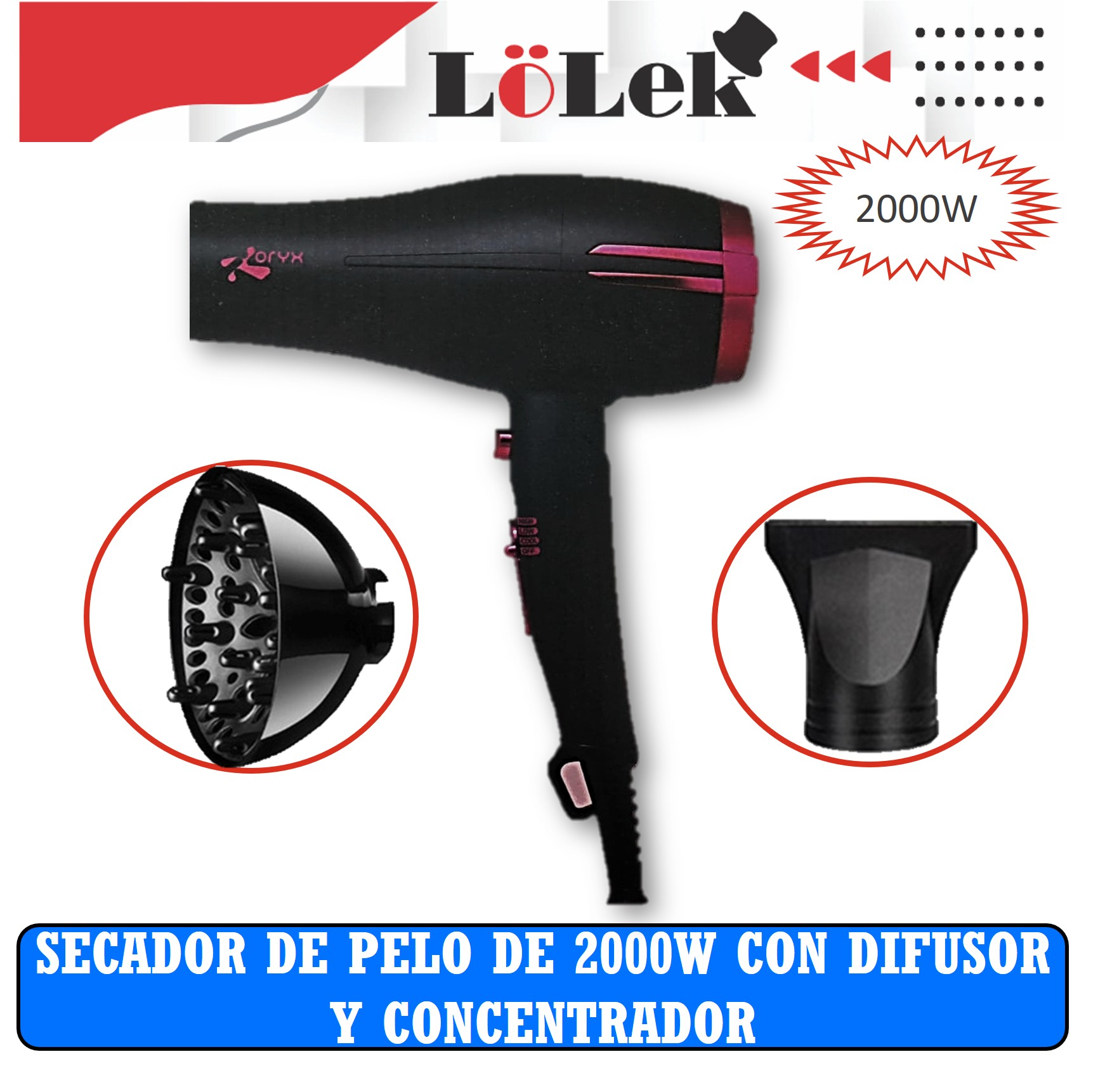 Un secador de pelo negro con detalles en rosa y dos boquillas, que se muestra sobre un fondo blanco.