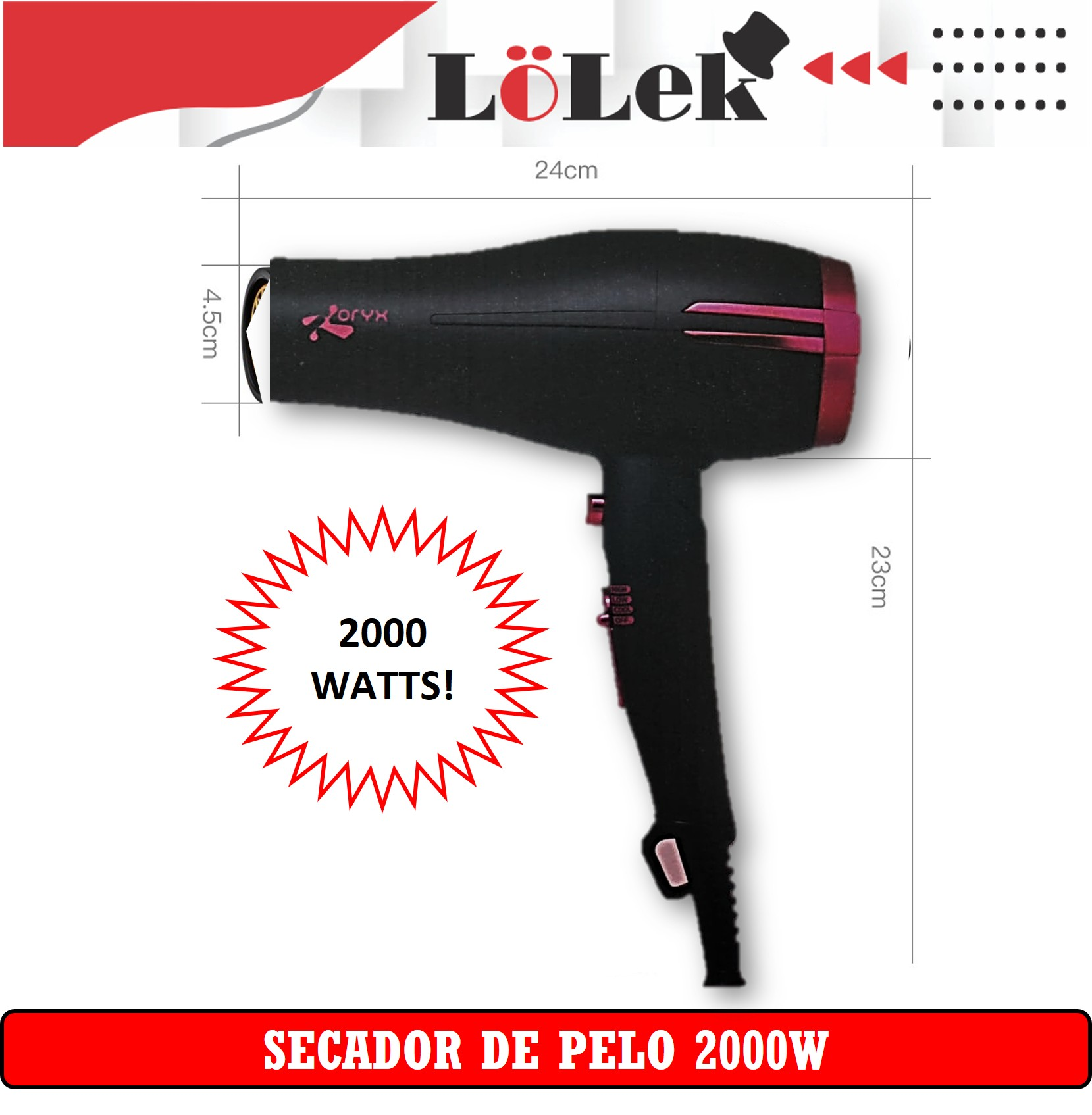 Un secador de pelo negro con detalles en rosa se muestra con medidas de dimensión sobre un fondo blanco.