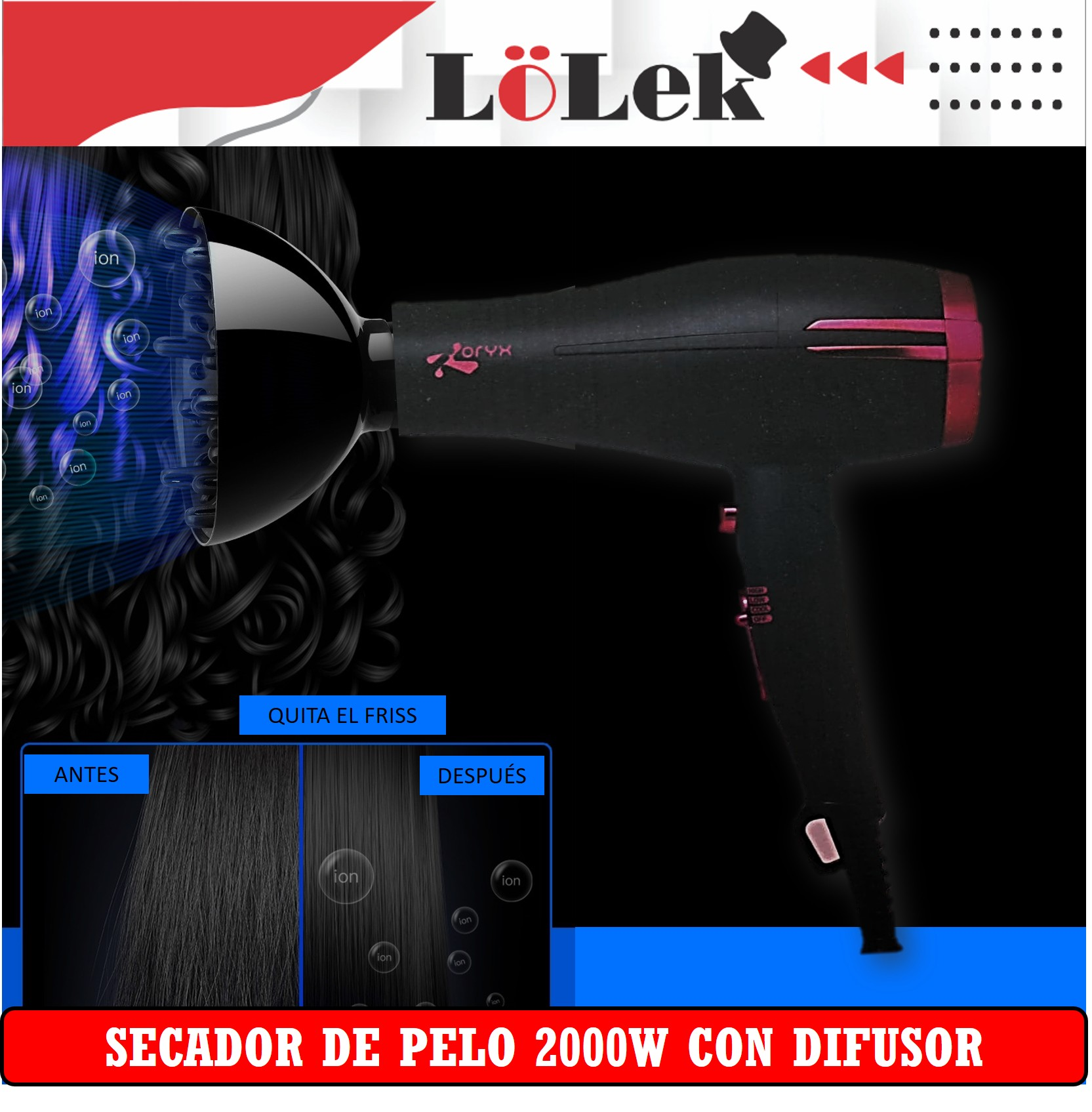 Se presenta un secador de pelo negro con detalles en rosa, destacando su capacidad para reducir el encrespamiento, sobre un fondo blanco.
